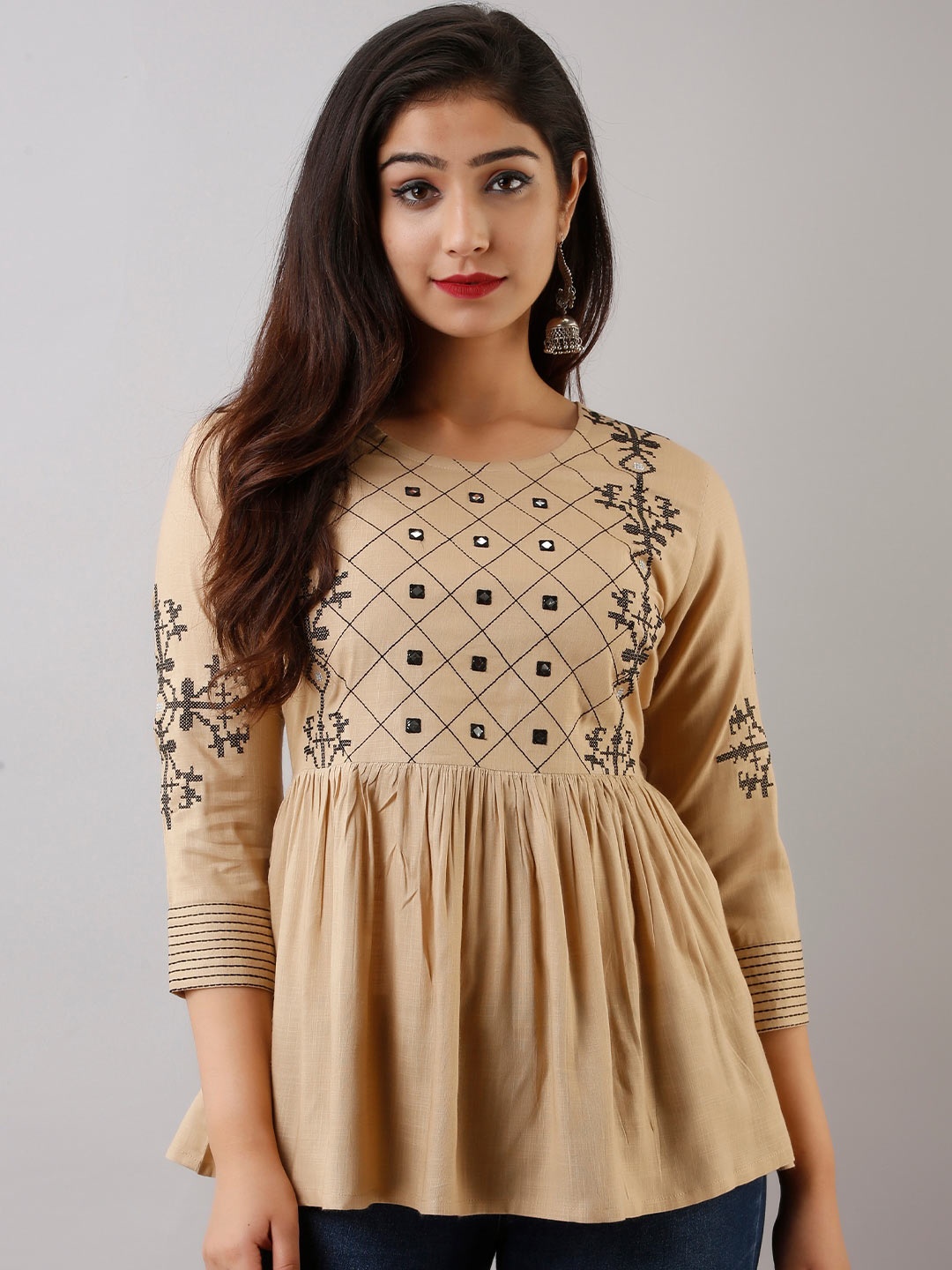 

NITVAN Geometric Embroidered Embellished Empire Top, Beige