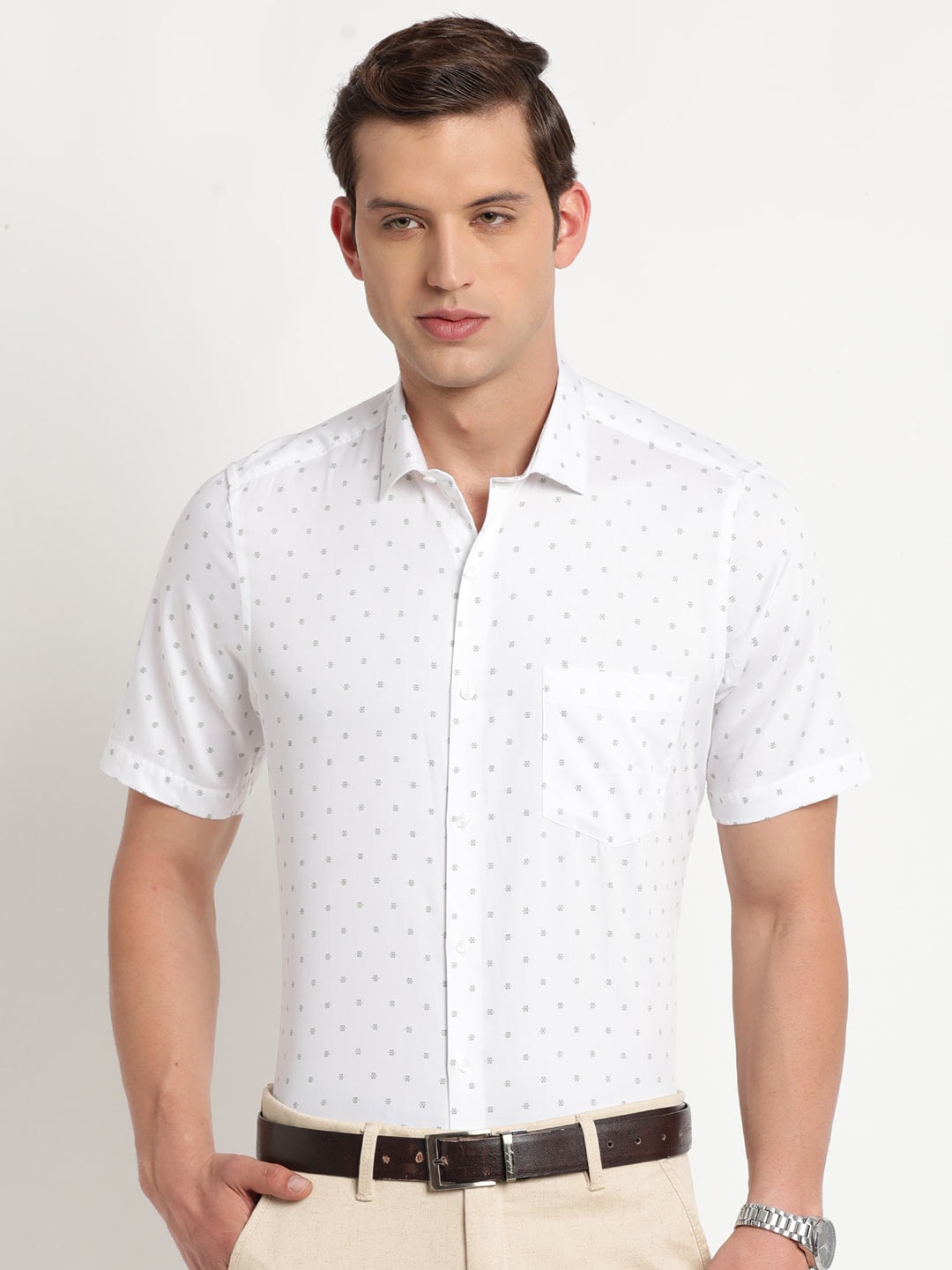 

Turtle Micro Ditsy Printed Cotton Formal Shirt, White