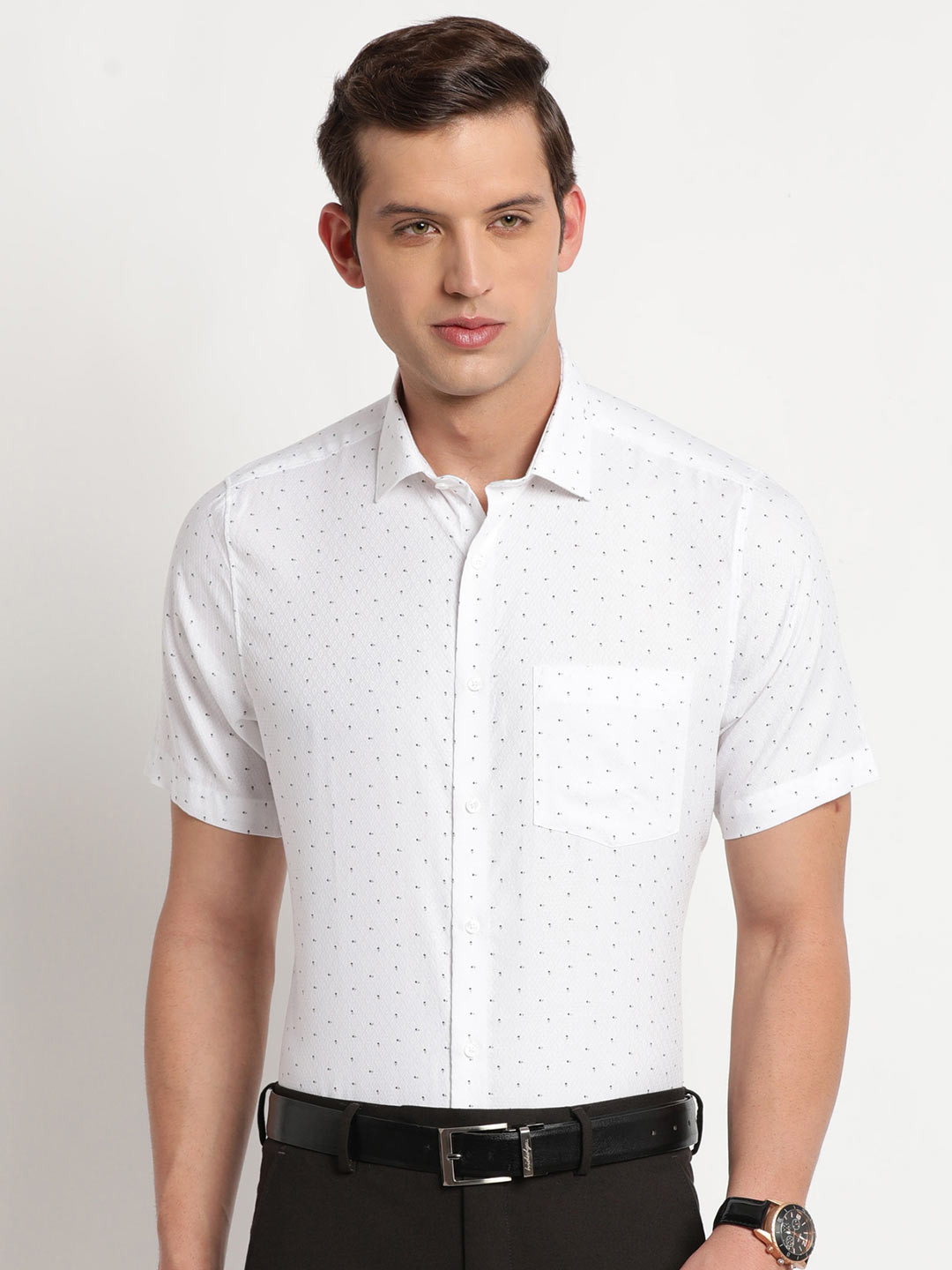 

Turtle Micro Ditsy Printed Cotton Formal Shirt, White