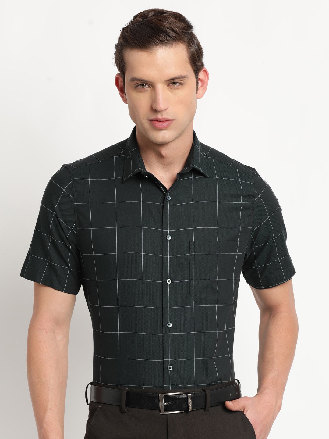 

Turtle Modern Windowpane Checks Checked Pure Cotton Formal Shirt, Green