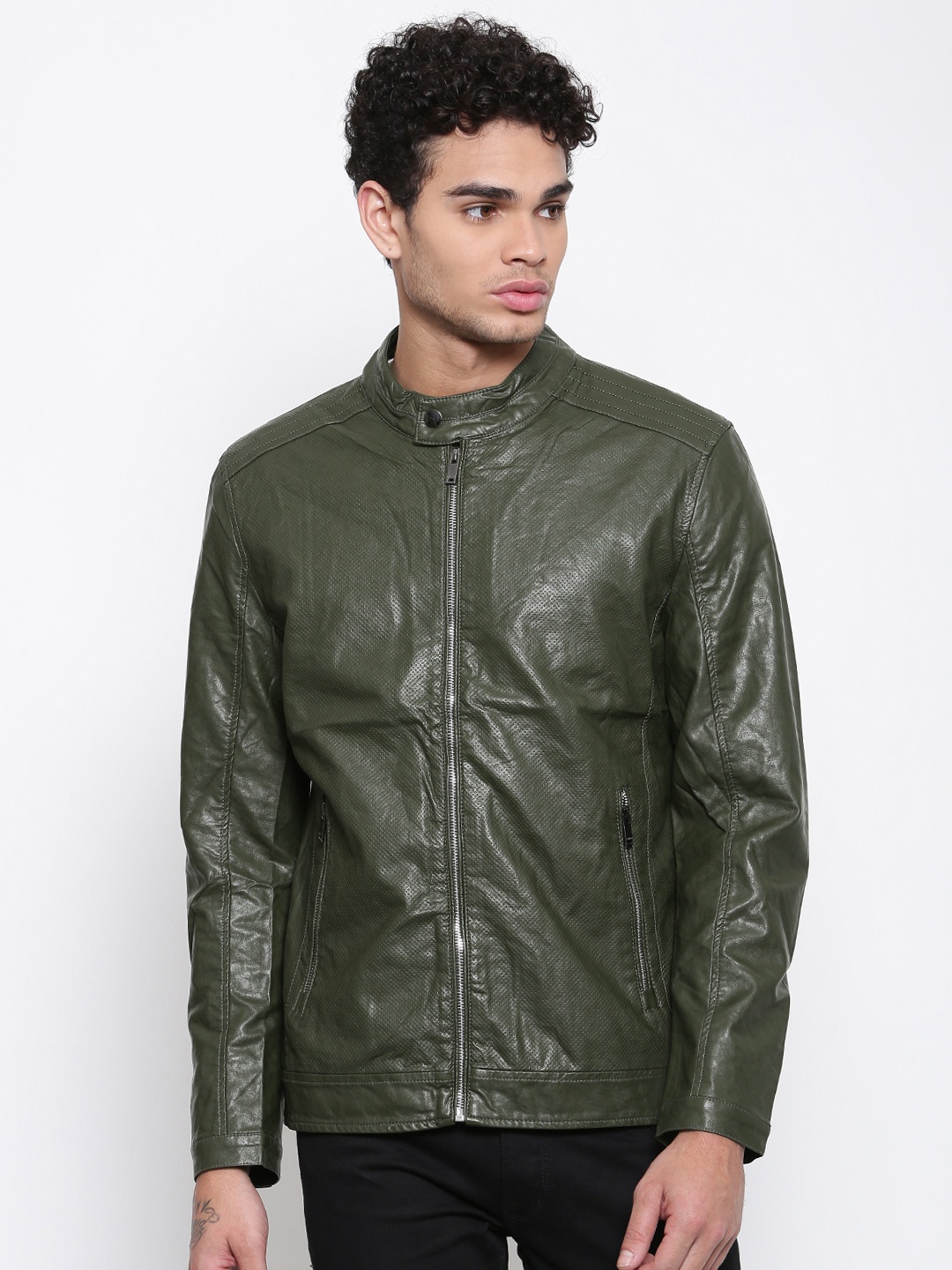 

The Indian Garage Co Men Green Solid Biker Jacket