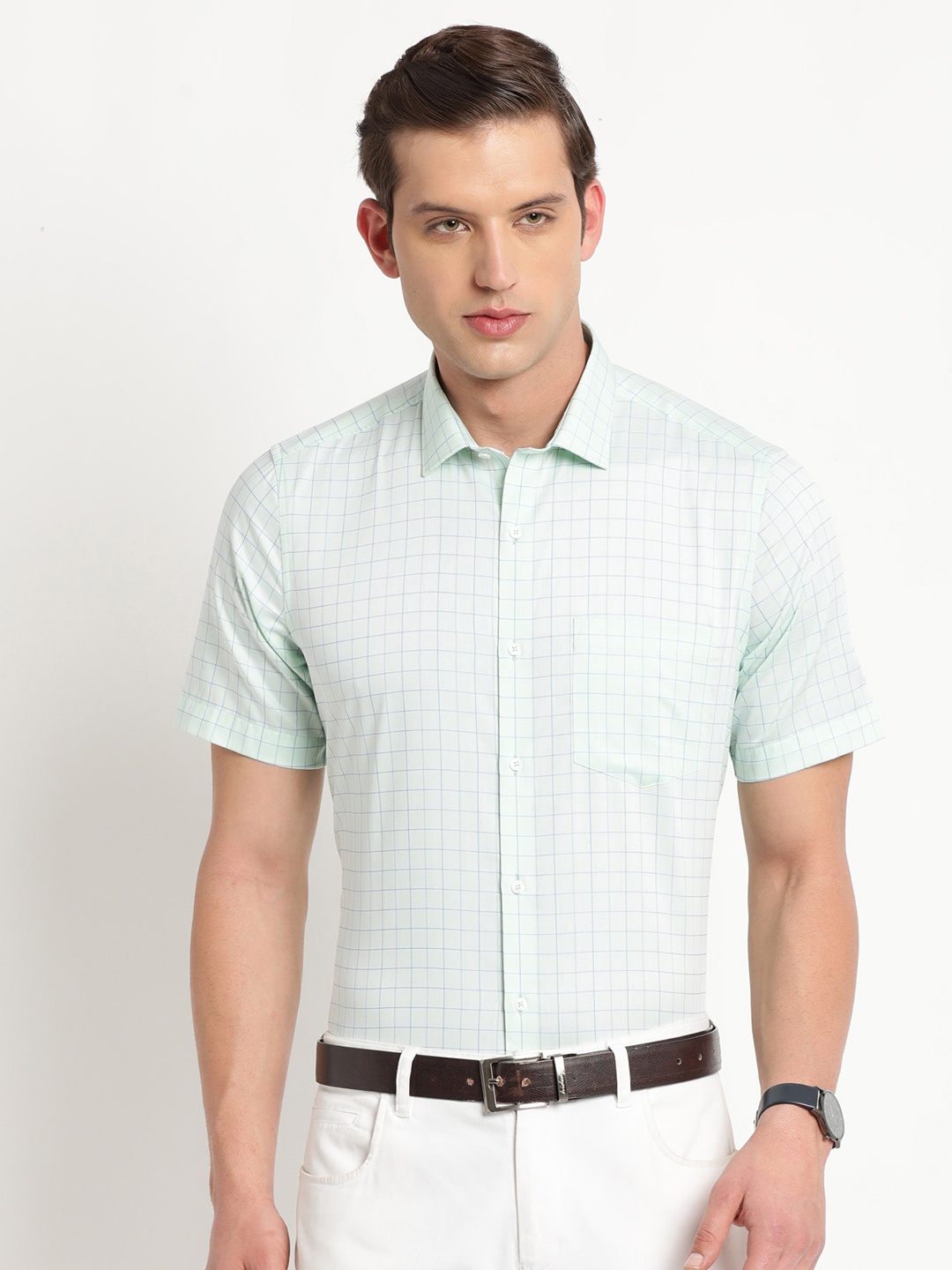 

Turtle Grid Tattersall Checks Cotton Formal Shirt, Green