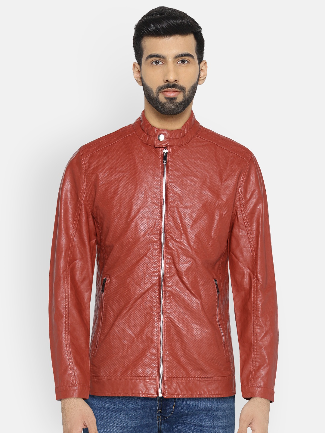 

The Indian Garage Co Men Red Solid Biker Jacket