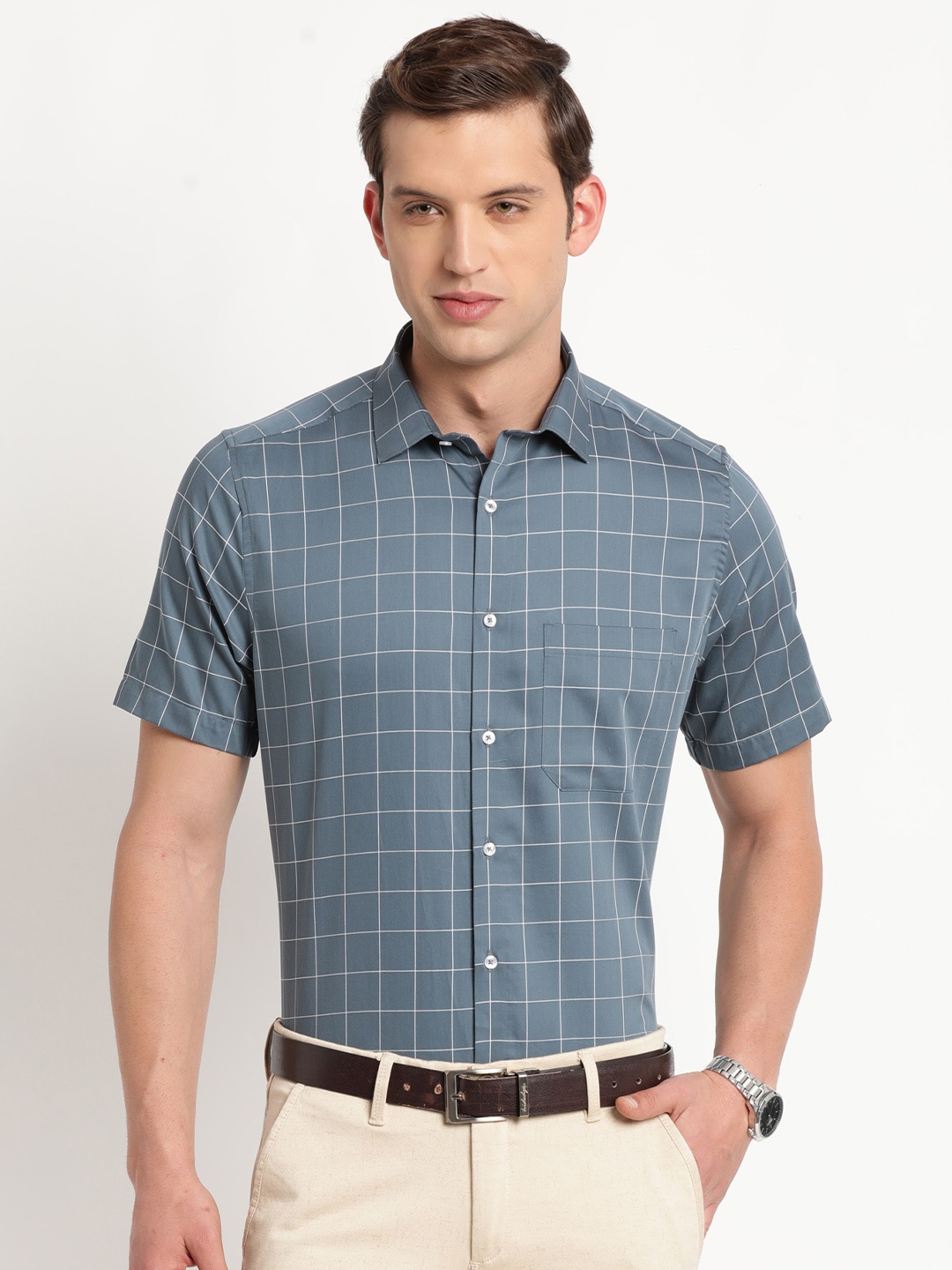 

Turtle Men Grey Modern Checked Pure Cotton Formal Shirt