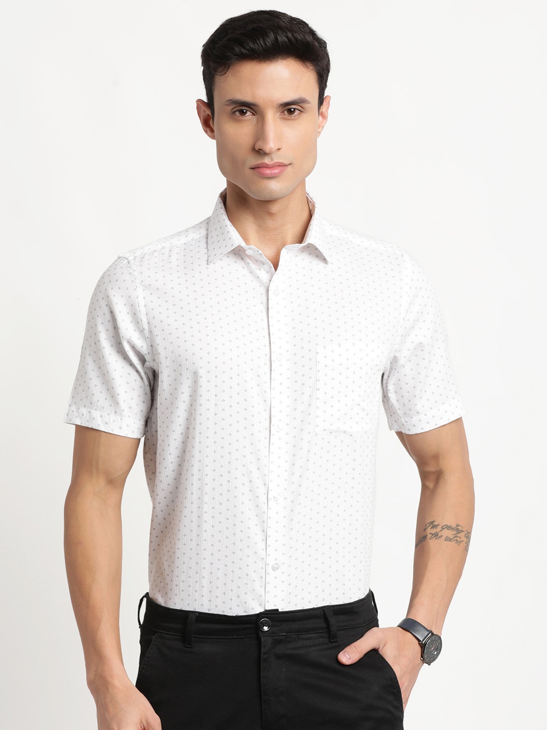 

Turtle Micro Ditsy Printed Modern Fit Cotton Formal Shirt, White