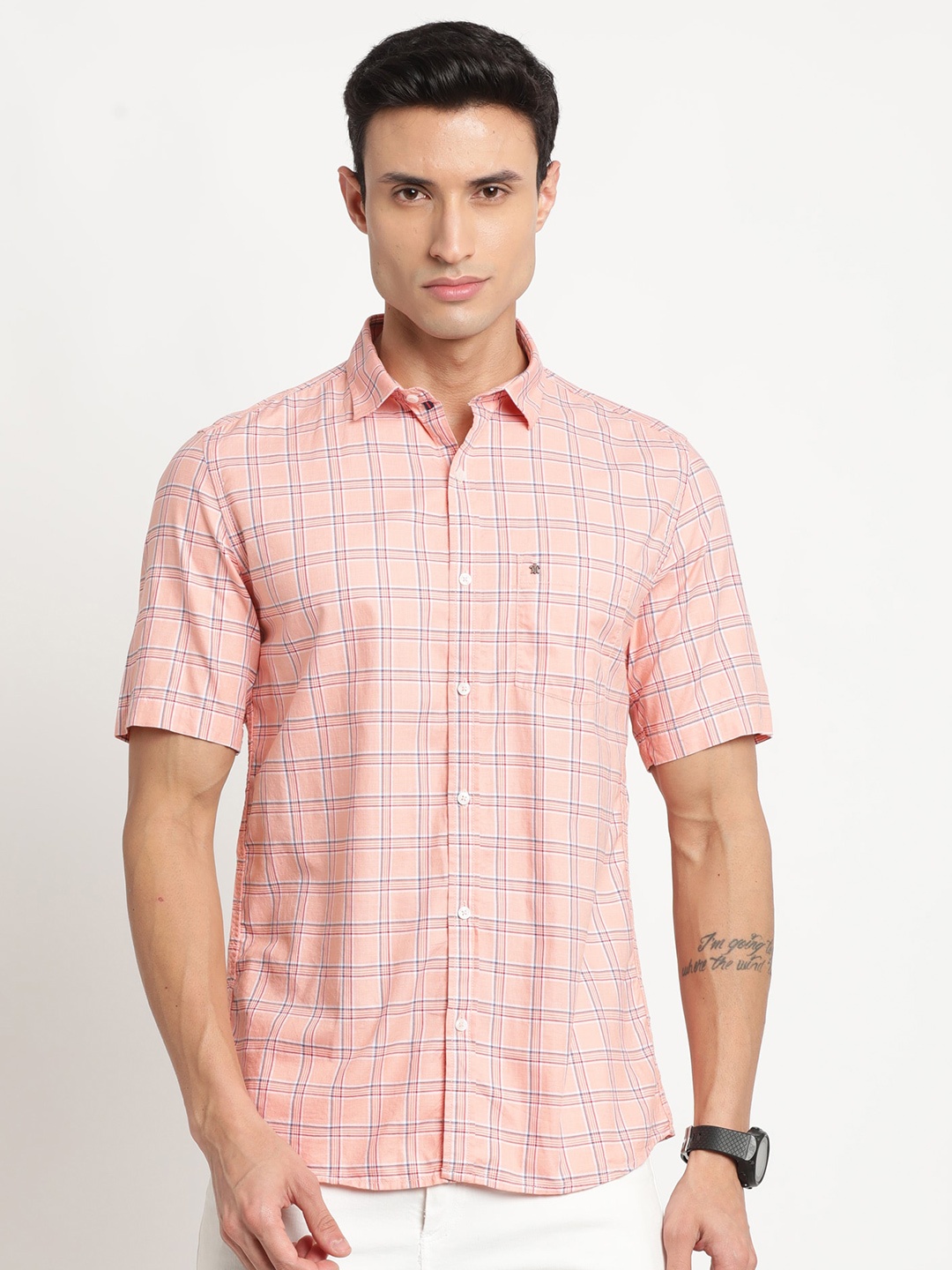 

Turtle Relaxed Slim Fit Shepherd Checks Checked Pure Cotton Casual Shirt, Peach