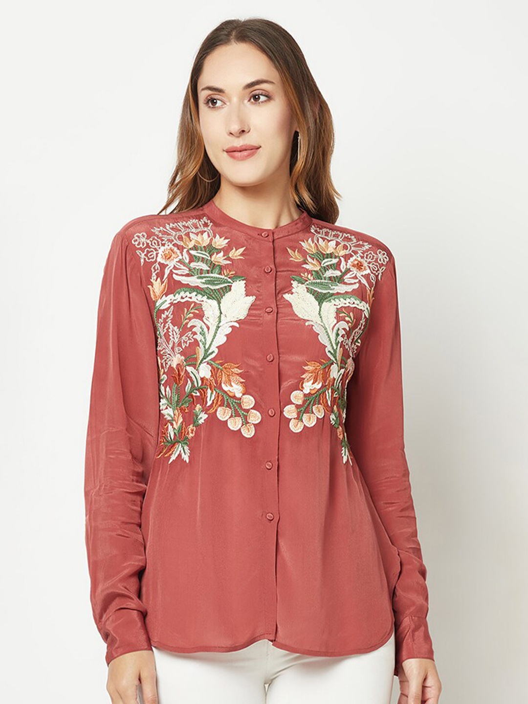 

HOUSE OF S Floral Printed Knitted Silk Casual Shirt, Rust
