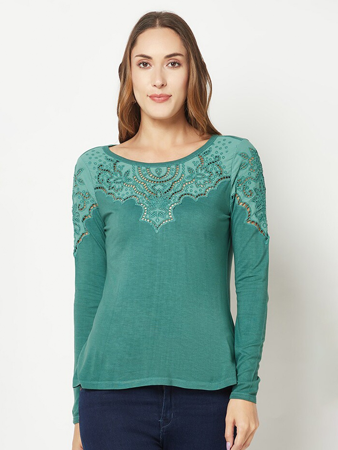 

HOUSE OF S Self Design Floral Boat Neck Cotton Top, Sea green