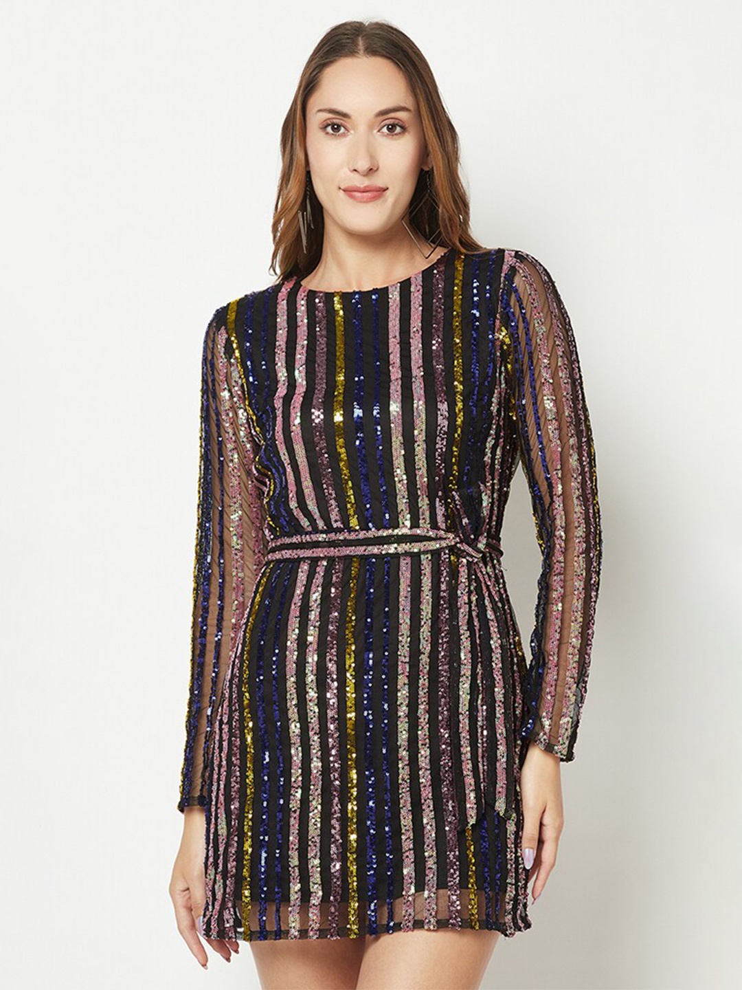 

HOUSE OF S Striped Net Mini Dress, Black
