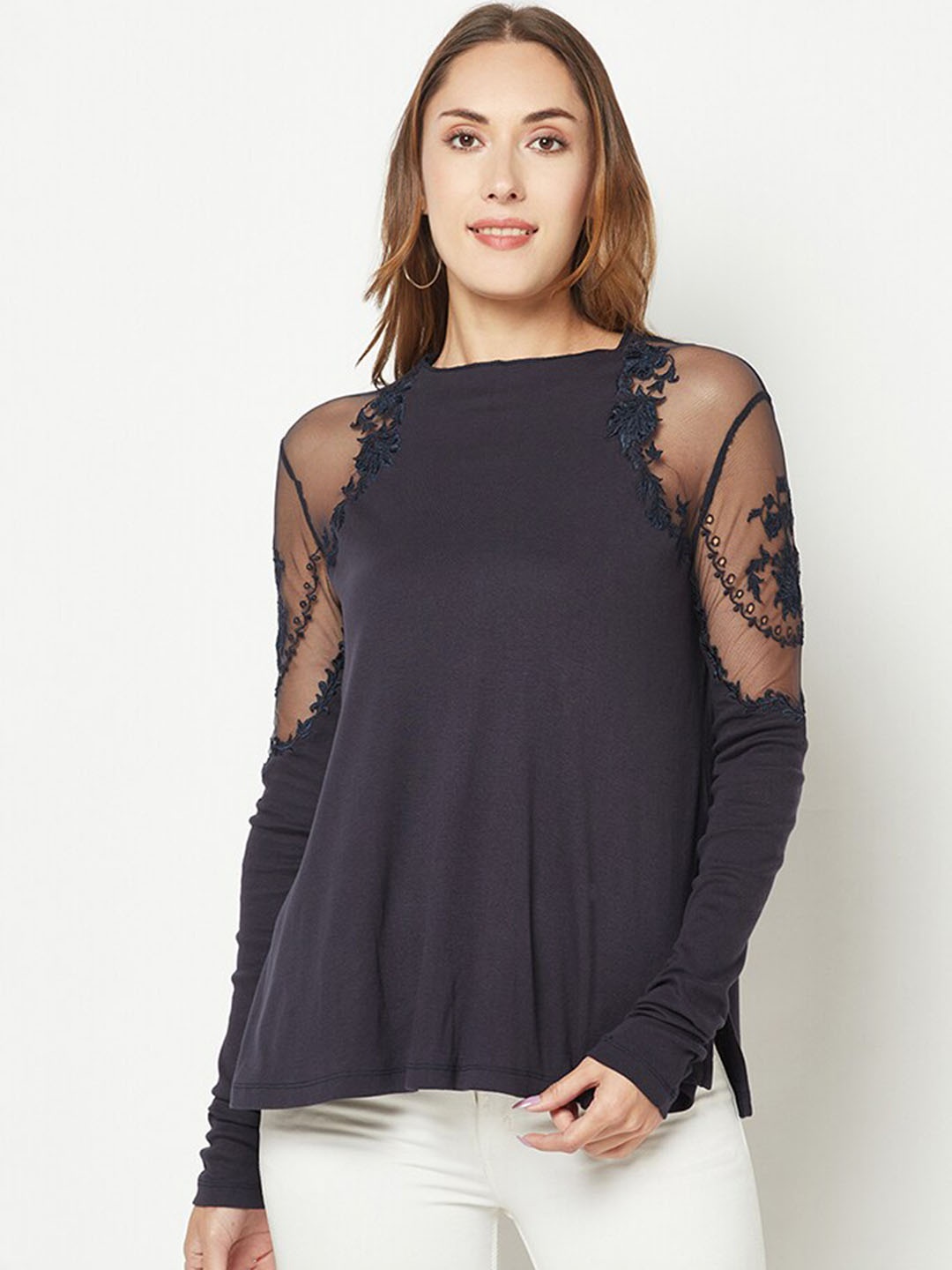 

HOUSE OF S Embroidered Floral Boat Neck A-Line Top, Navy blue