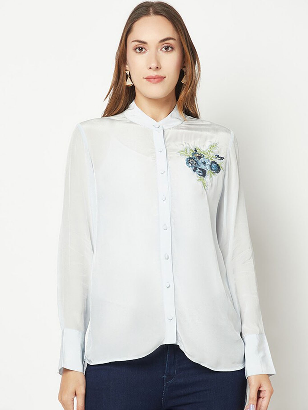 

HOUSE OF S Mandarin Collar Knitted Silk Casual Shirt, Blue
