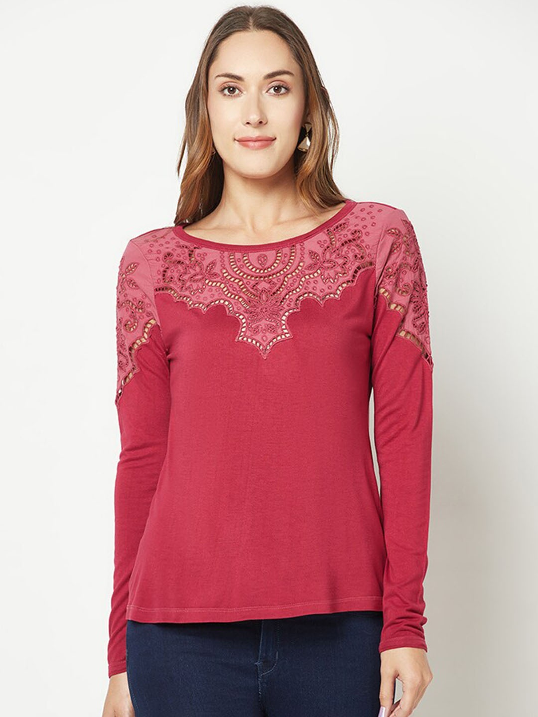 

HOUSE OF S Self Design Floral Boat Neck Cotton Top, Maroon