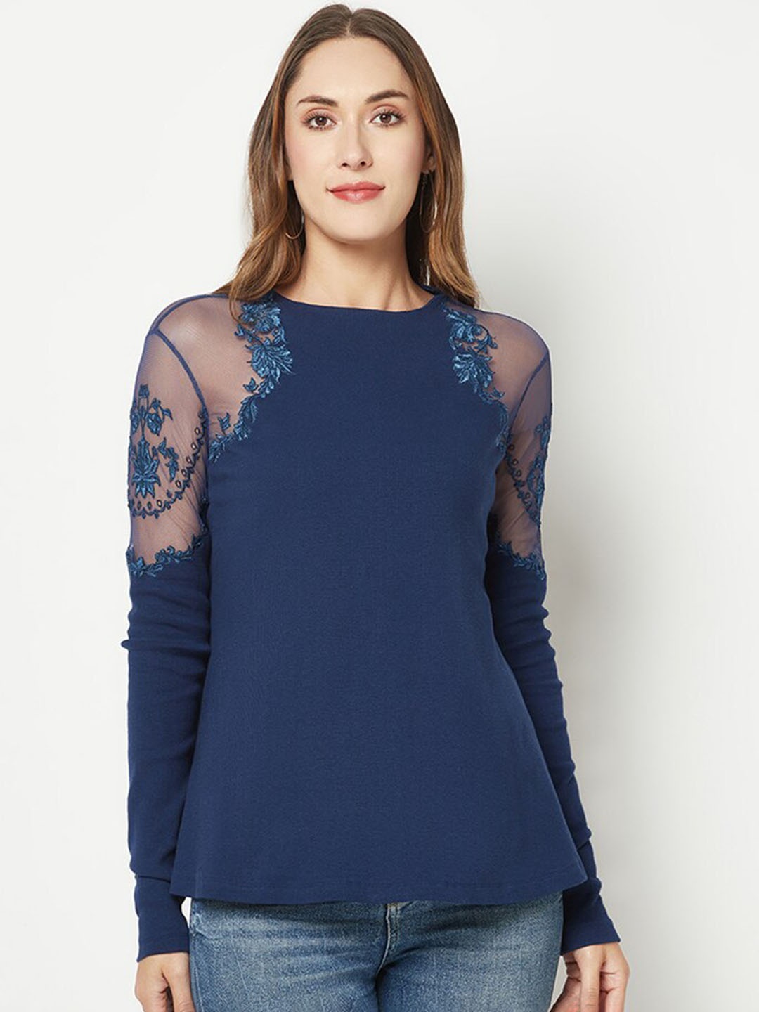 

HOUSE OF S Embroidered Floral Boat Neck Cotton A-Line Top, Navy blue