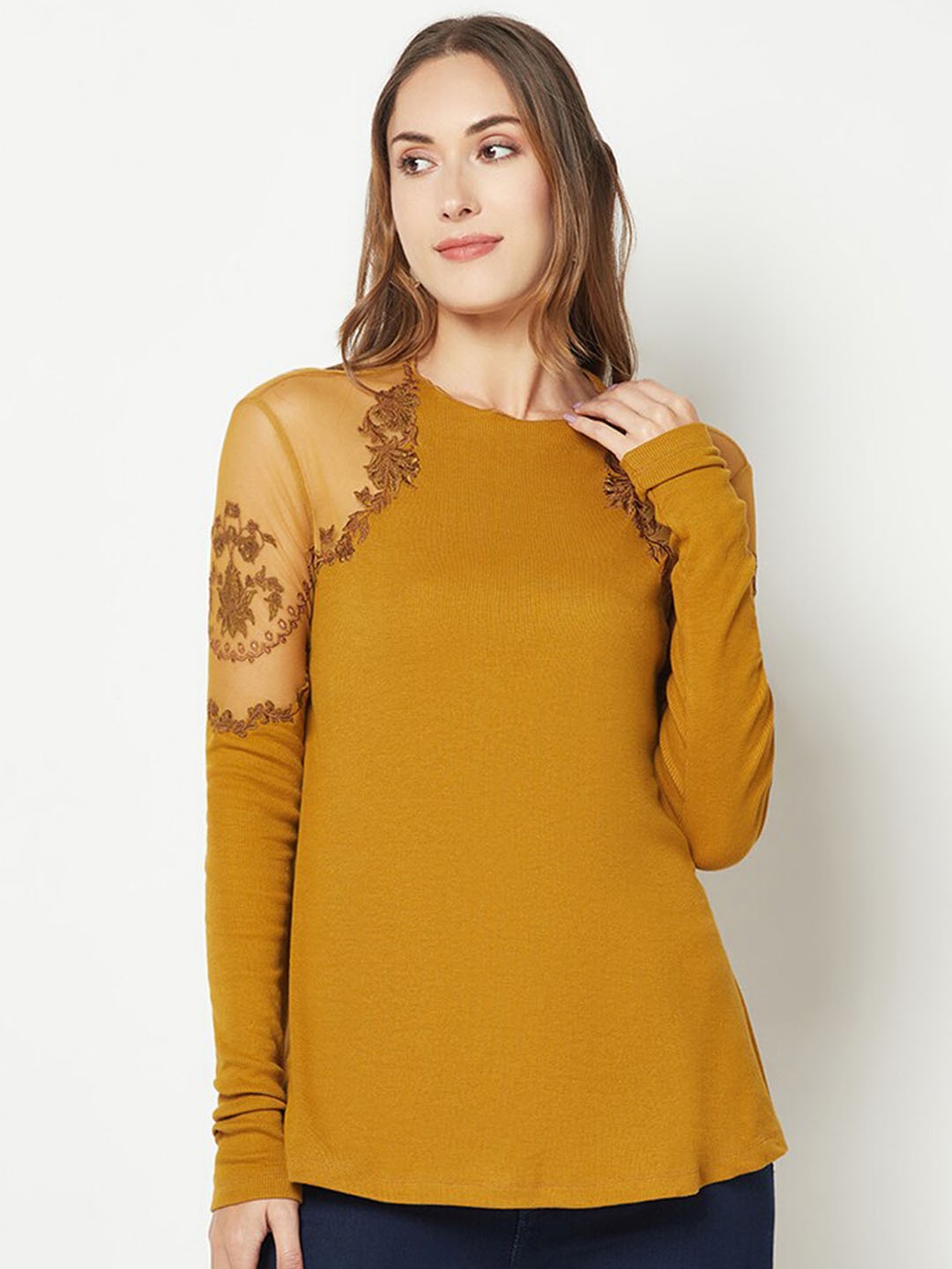 

HOUSE OF S Embroidered Floral Boat Neck Cotton A-Line Top, Mustard