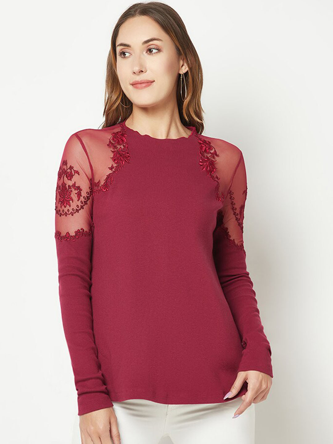 

HOUSE OF S Embroidered Floral Boat Neck Cotton A-Line Top, Maroon