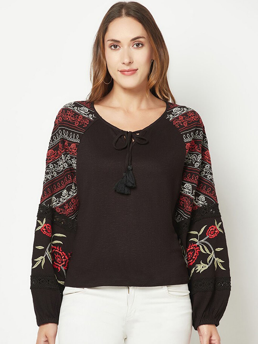 

HOUSE OF S Floral Embroidered Cotton Top, Black