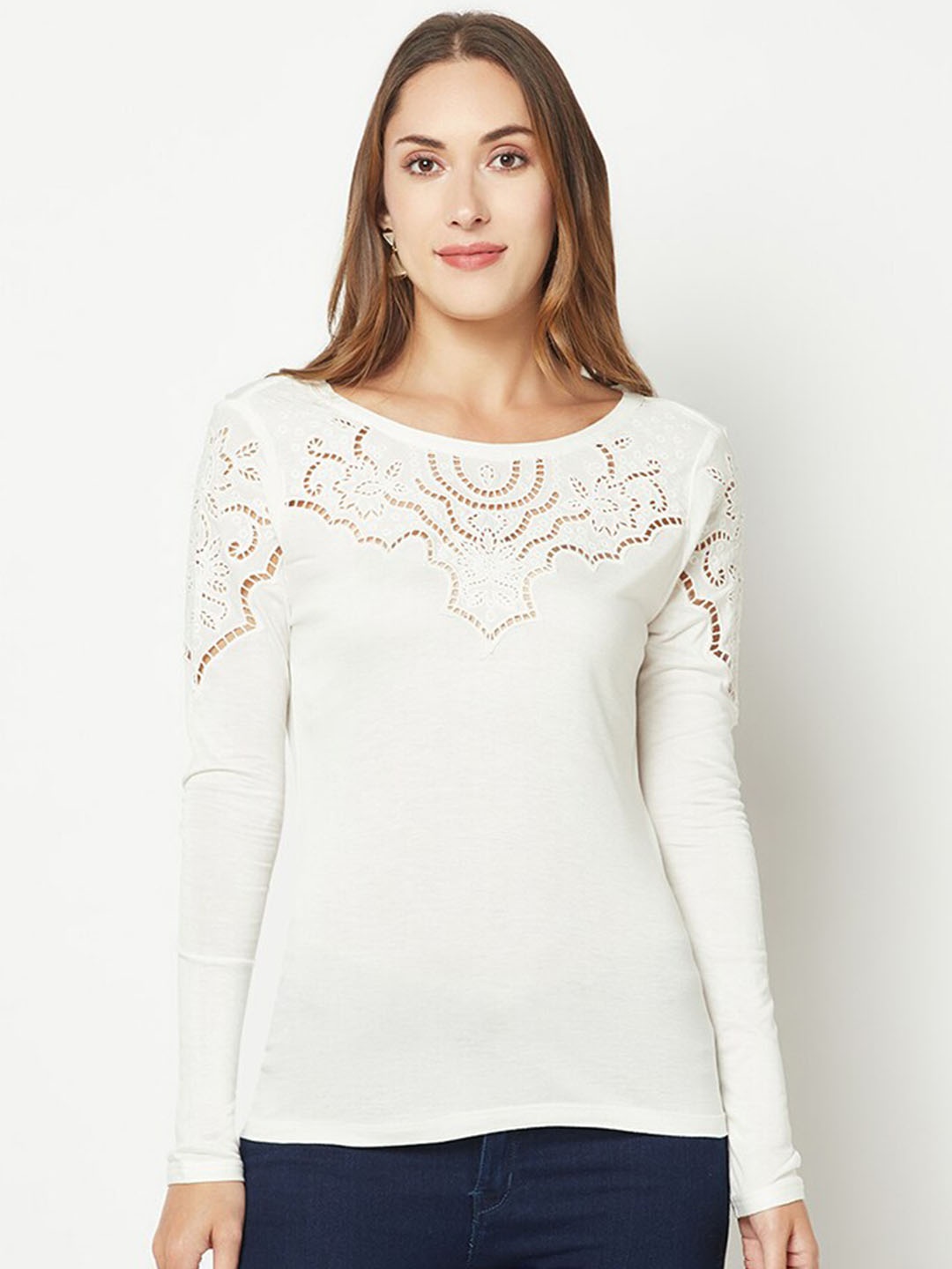 

HOUSE OF S Self Design Floral Boat Neck Cotton Top, White