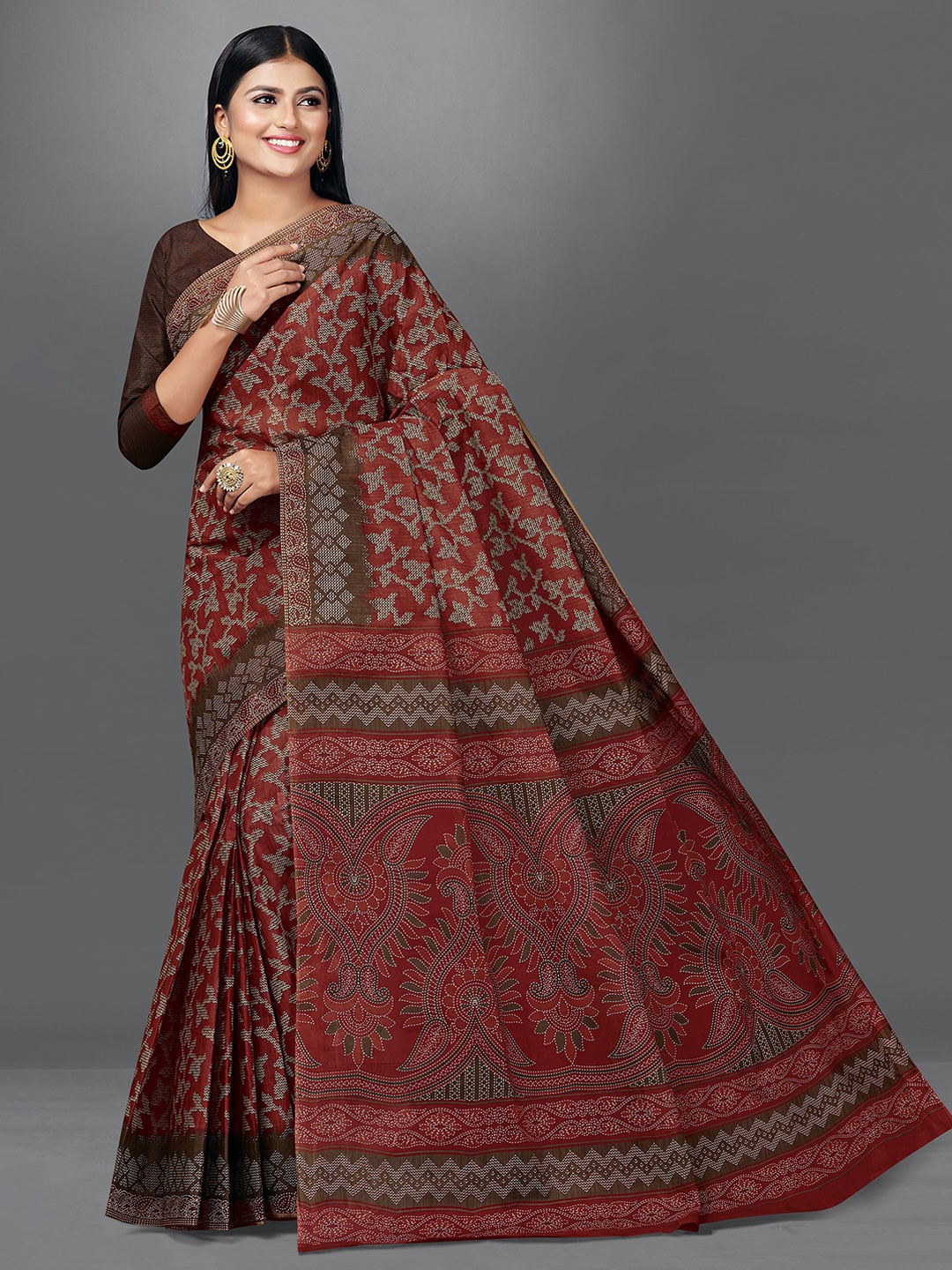 

SHANVIKA Floral Printed Pure Cotton Block Print Saree, Rust