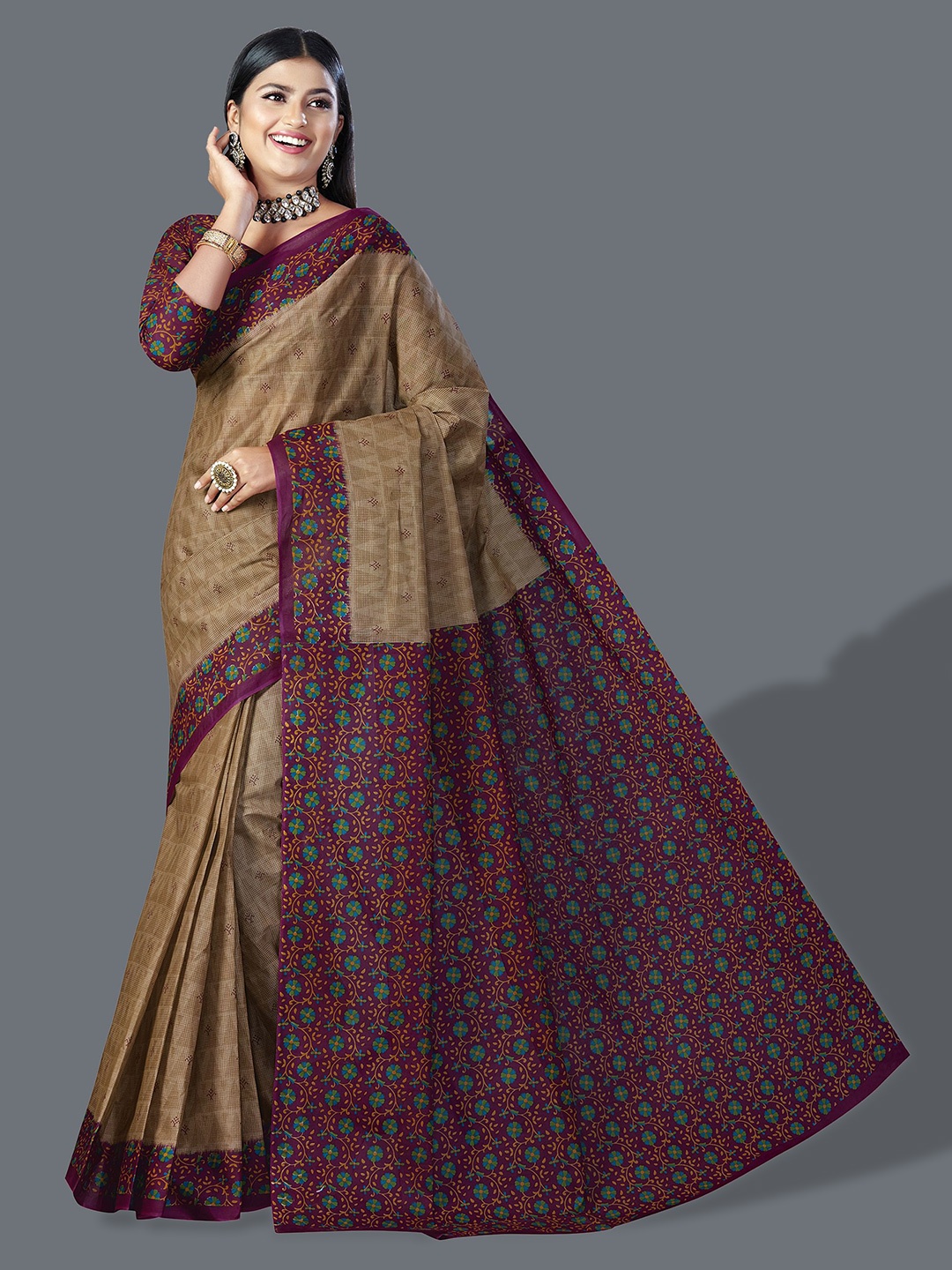 

SHANVIKA Floral Printed Pure Cotton Block Print Saree, Brown