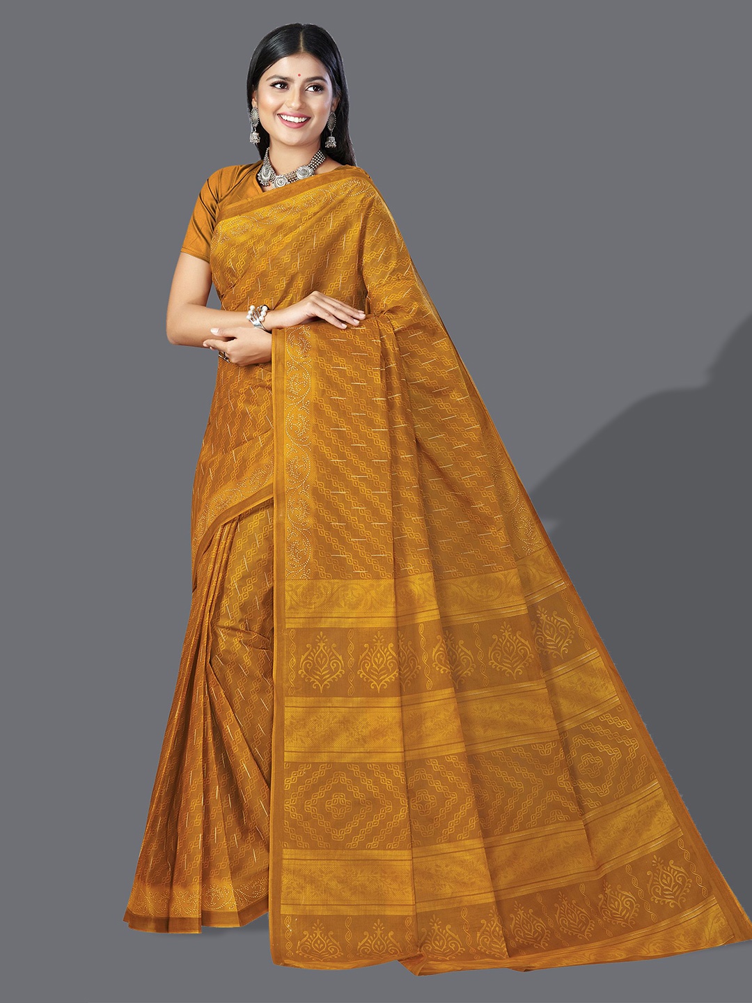 

SHANVIKA Ethnic Motifs Printed Pure Cotton Block Print Saree, Mustard