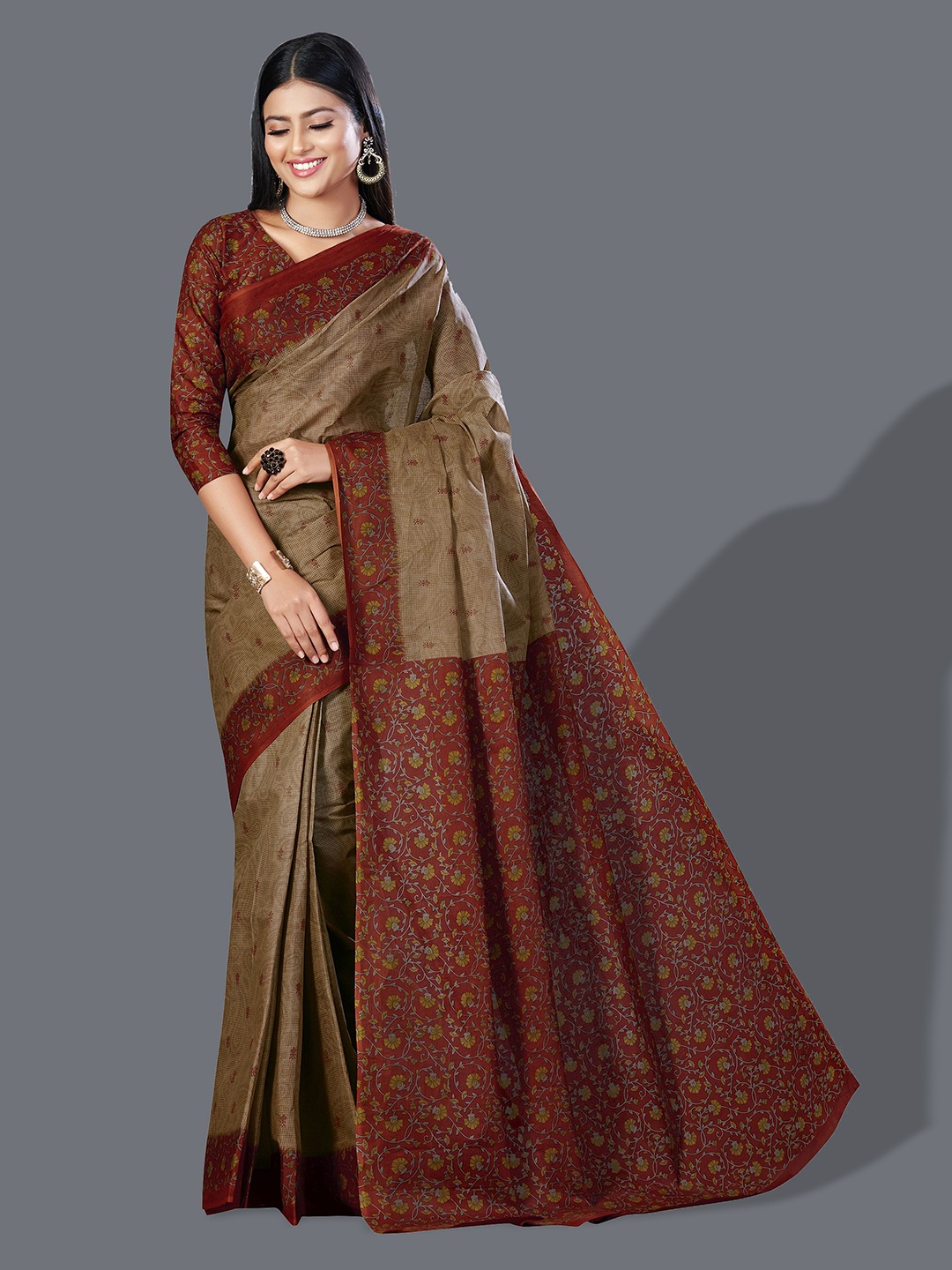 

SHANVIKA Paisley Printed Pure Cotton Saree, Brown