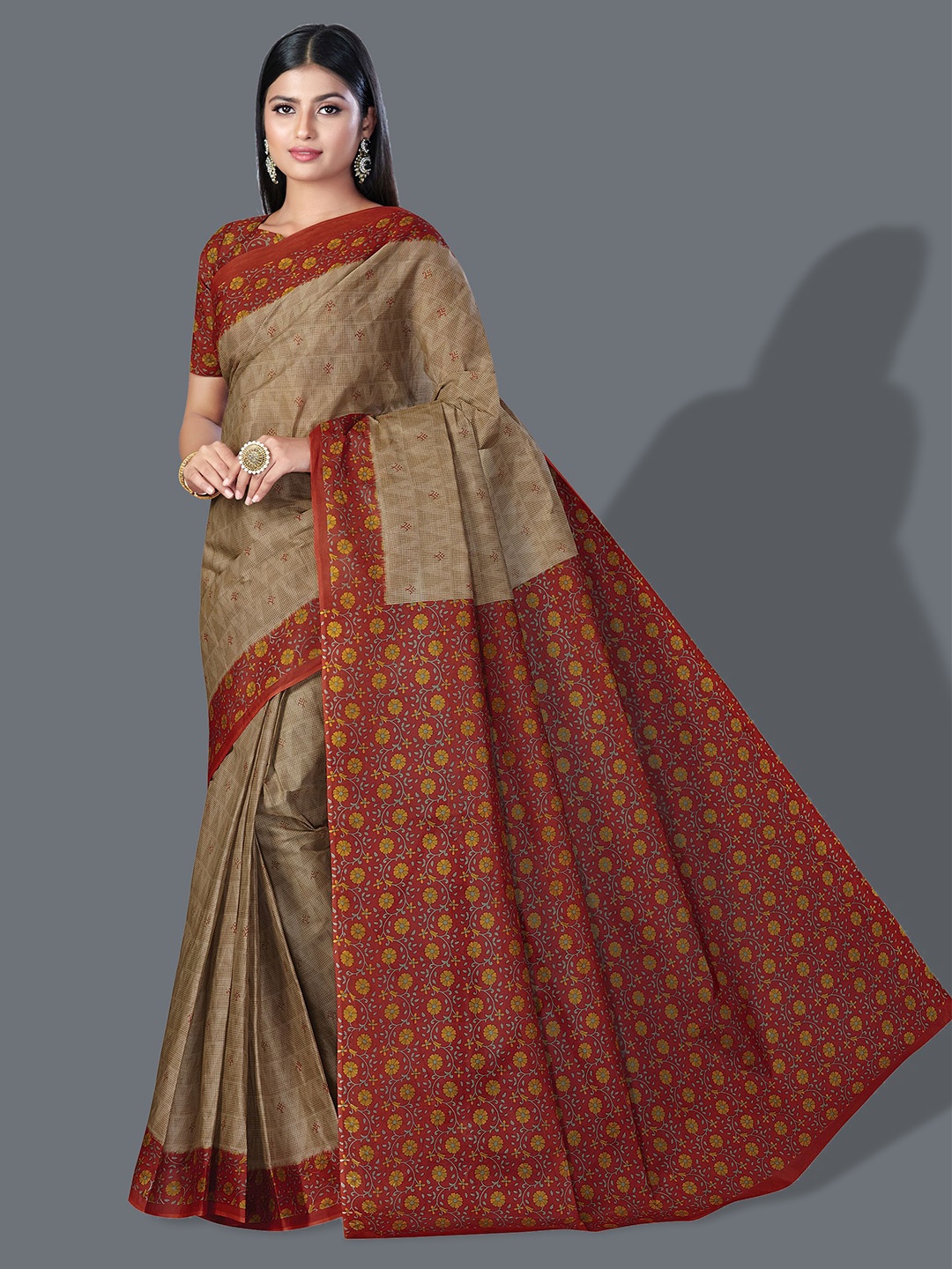 

SHANVIKA Ethnic Motif Printed Pure Cotton Saree, Brown