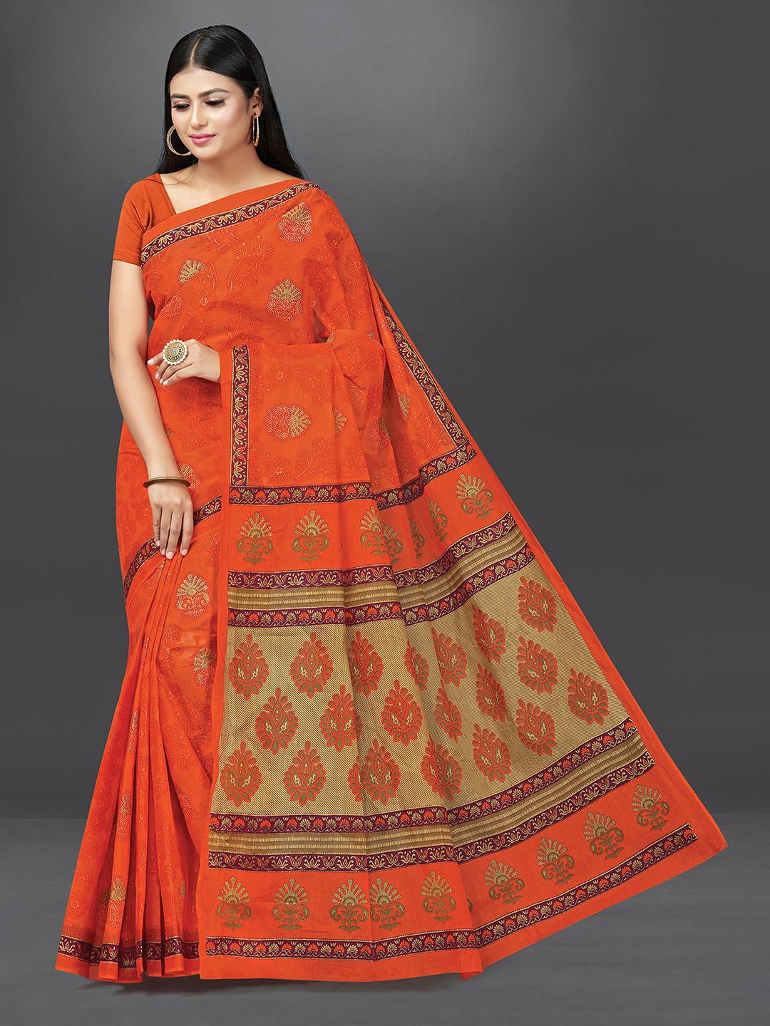 

SHANVIKA Floral Motifs Printed Pure Cotton Block Print Saree, Orange