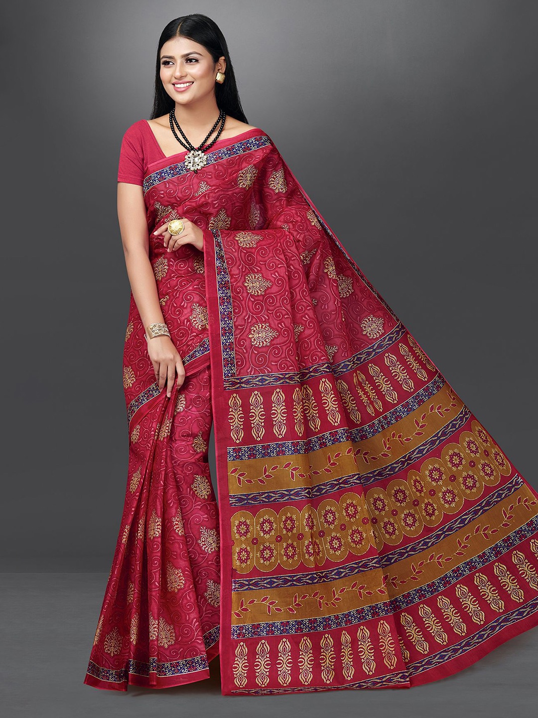 

SHANVIKA Ethnic Motifs Pure Cotton Block Print Saree, Red