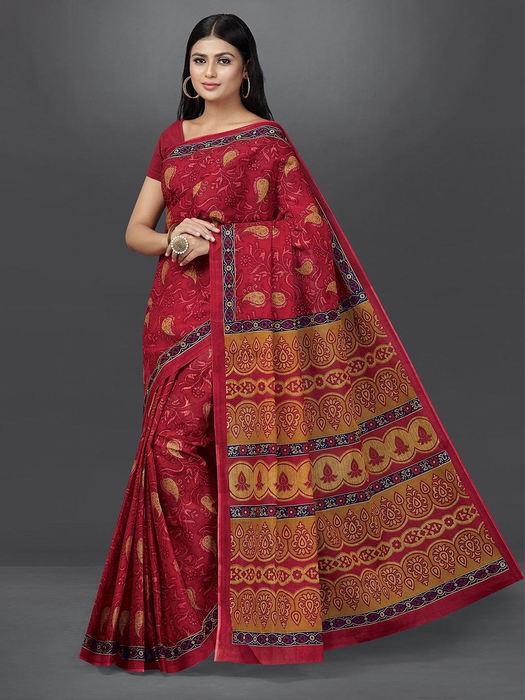 

SHANVIKA Ethnic Motifs Pure Cotton Block Print Saree, Red