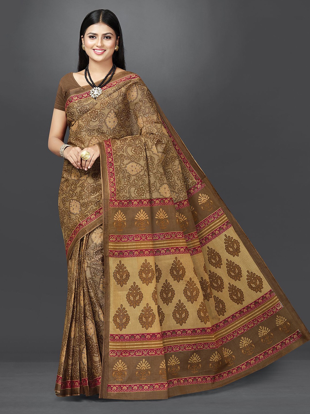 

SHANVIKA Floral Pure Cotton Block Print Saree, Brown