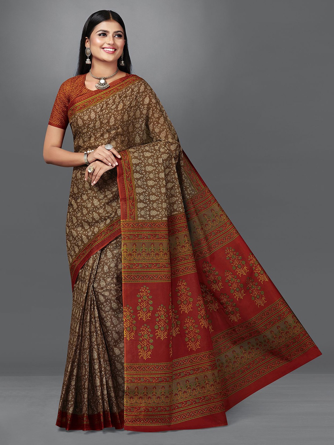 

SHANVIKA Floral Pure Cotton Block Print Saree, Brown