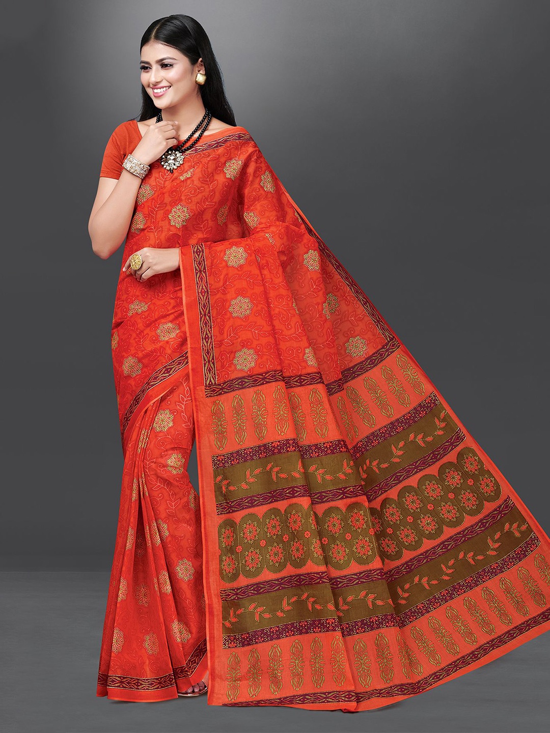 

SHANVIKA Floral Pure Cotton Block Printed Saree, Coral
