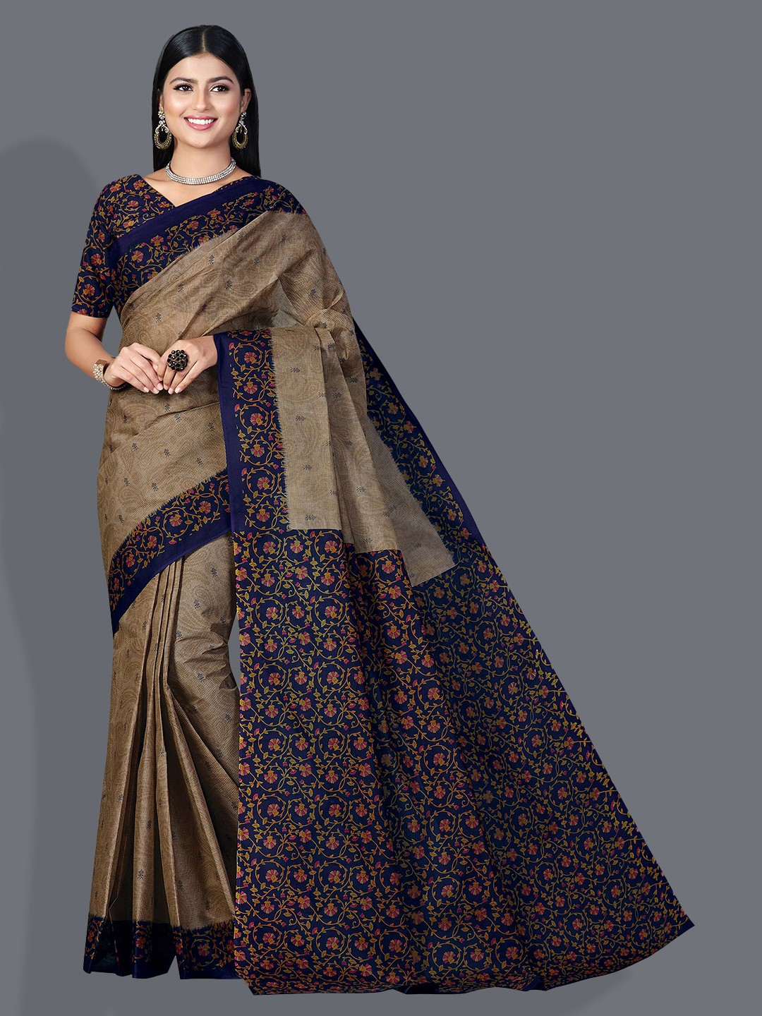 

SHANVIKA Floral Printed Pure Cotton Saree, Brown