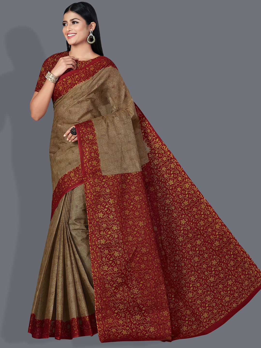 

SHANVIKA Floral Printed Pure Cotton Saree, Brown