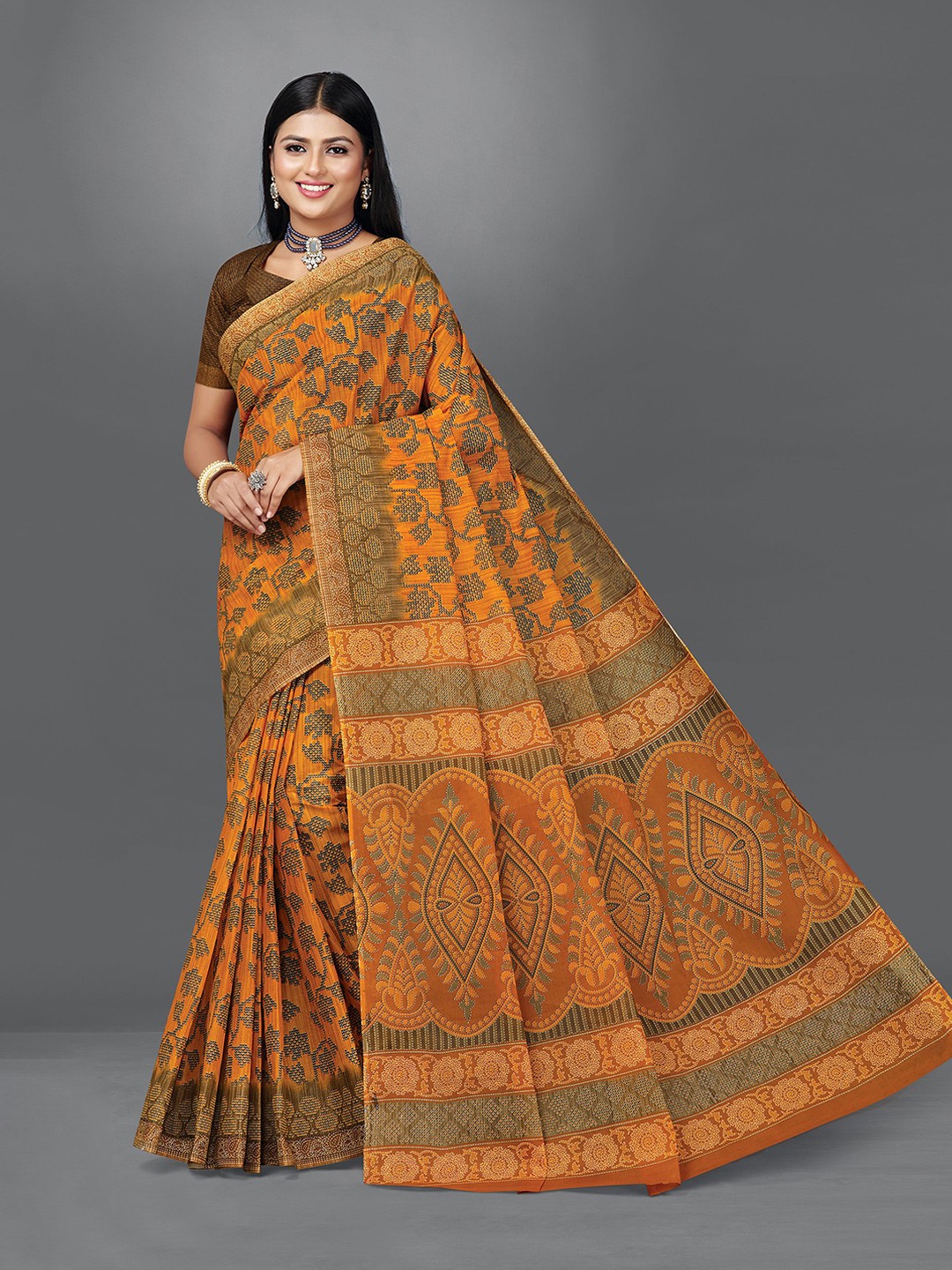 

SHANVIKA Geometric Printed Pure Cotton Saree, Mustard