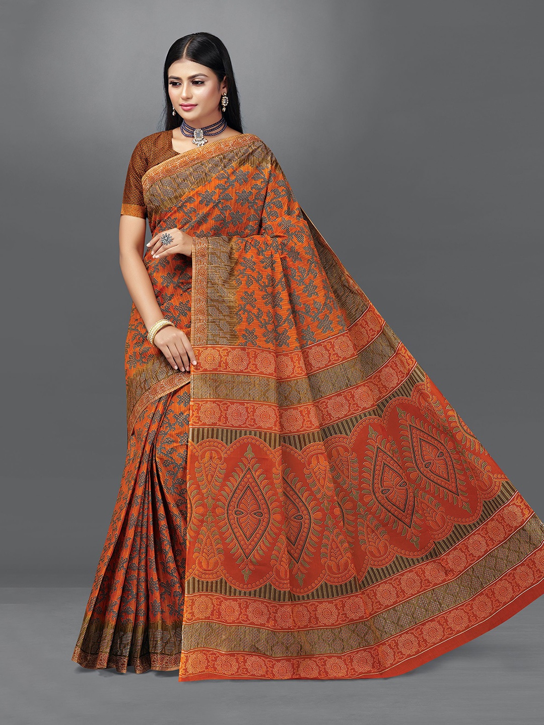 

SHANVIKA Ethnic Motifs Printed Pure Cotton Saree, Orange