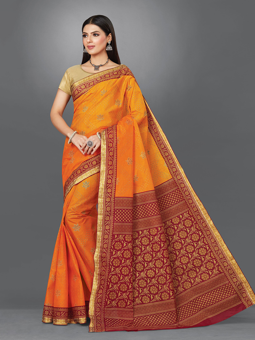 

SHANVIKA Floral Printed Pure Cotton Saree, Orange