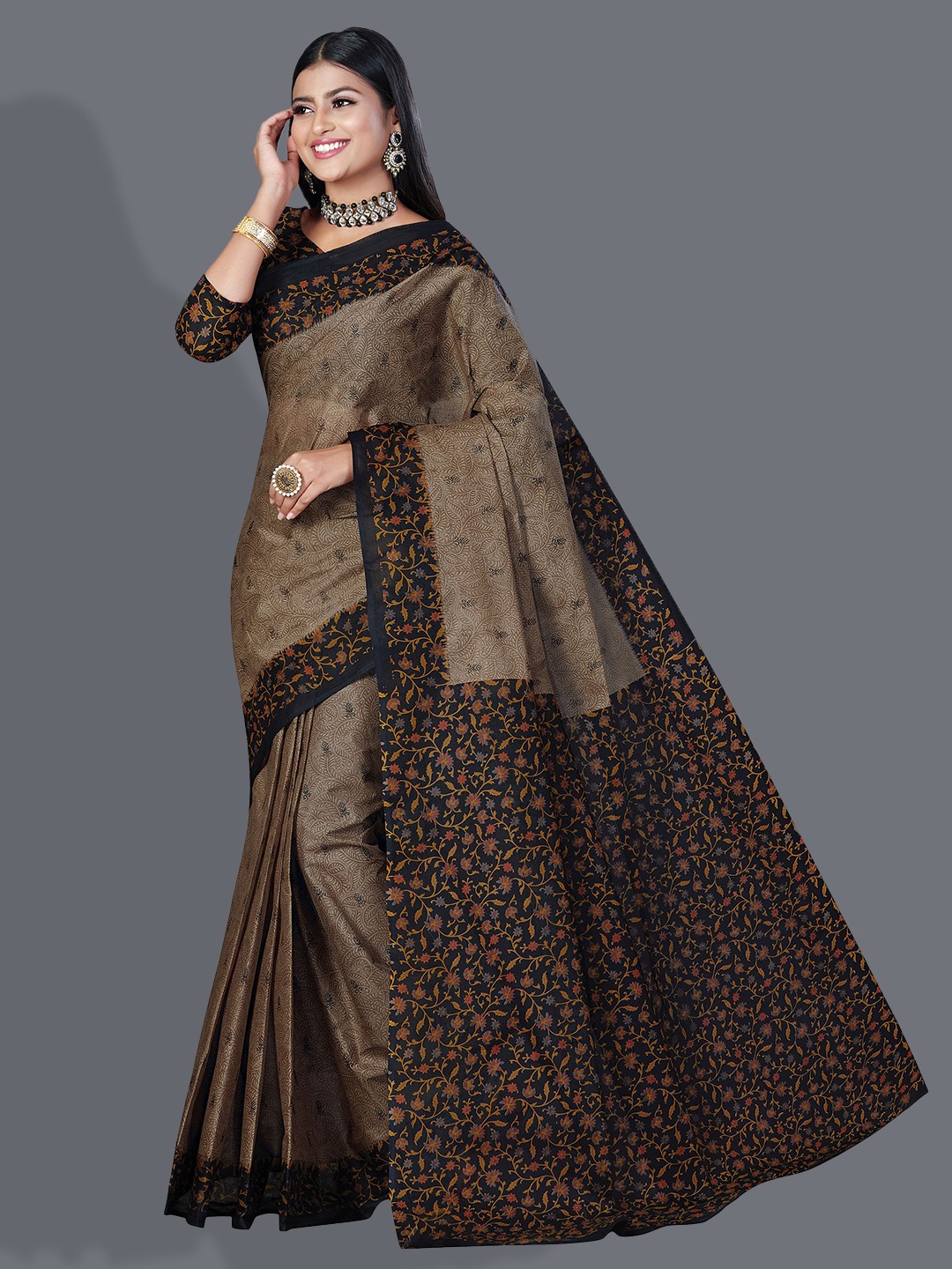 

SHANVIKA Floral Printed Pure Cotton Block Print Saree, Brown
