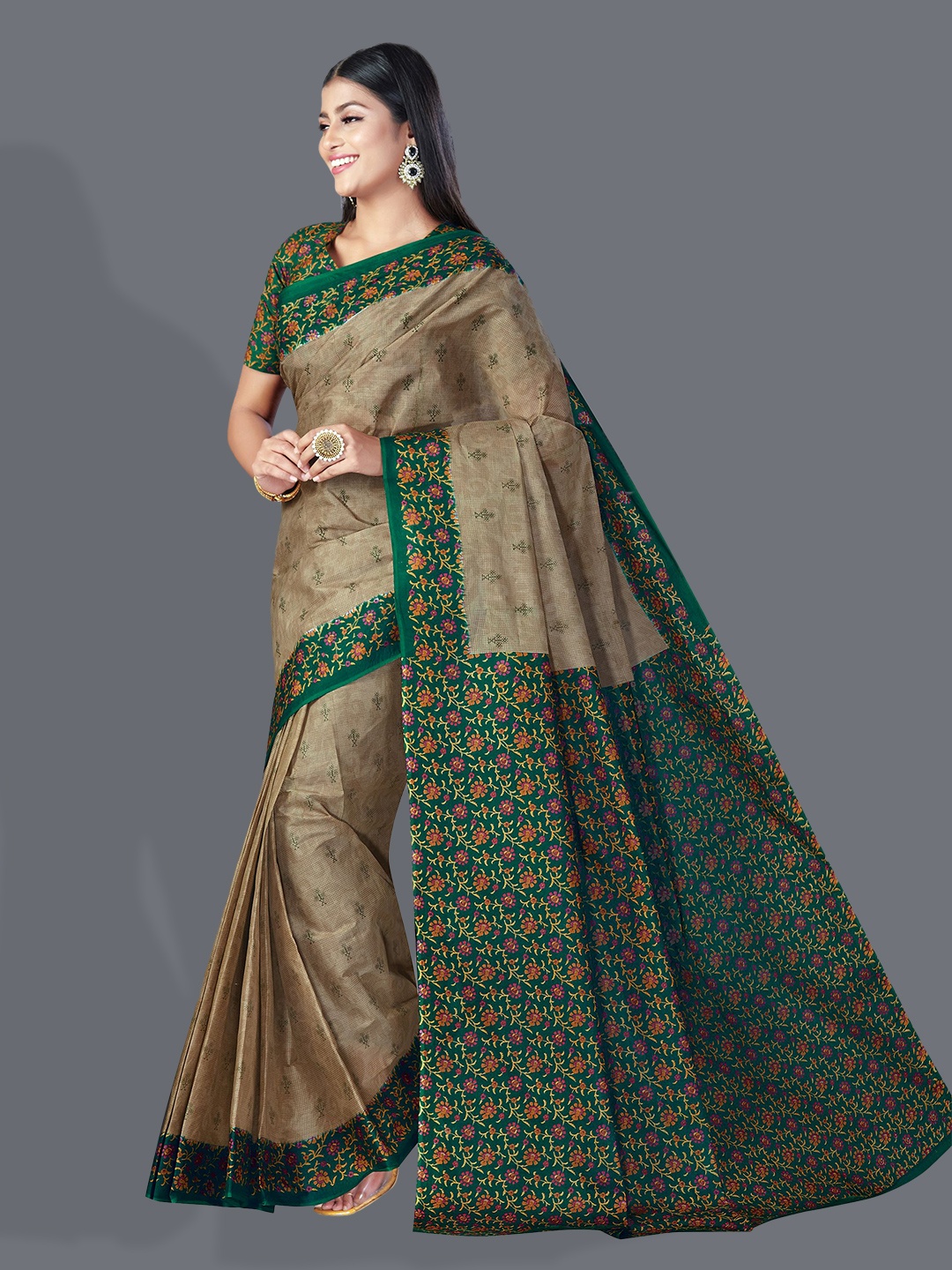 

SHANVIKA Floral Printed Pure Cotton Saree, Brown