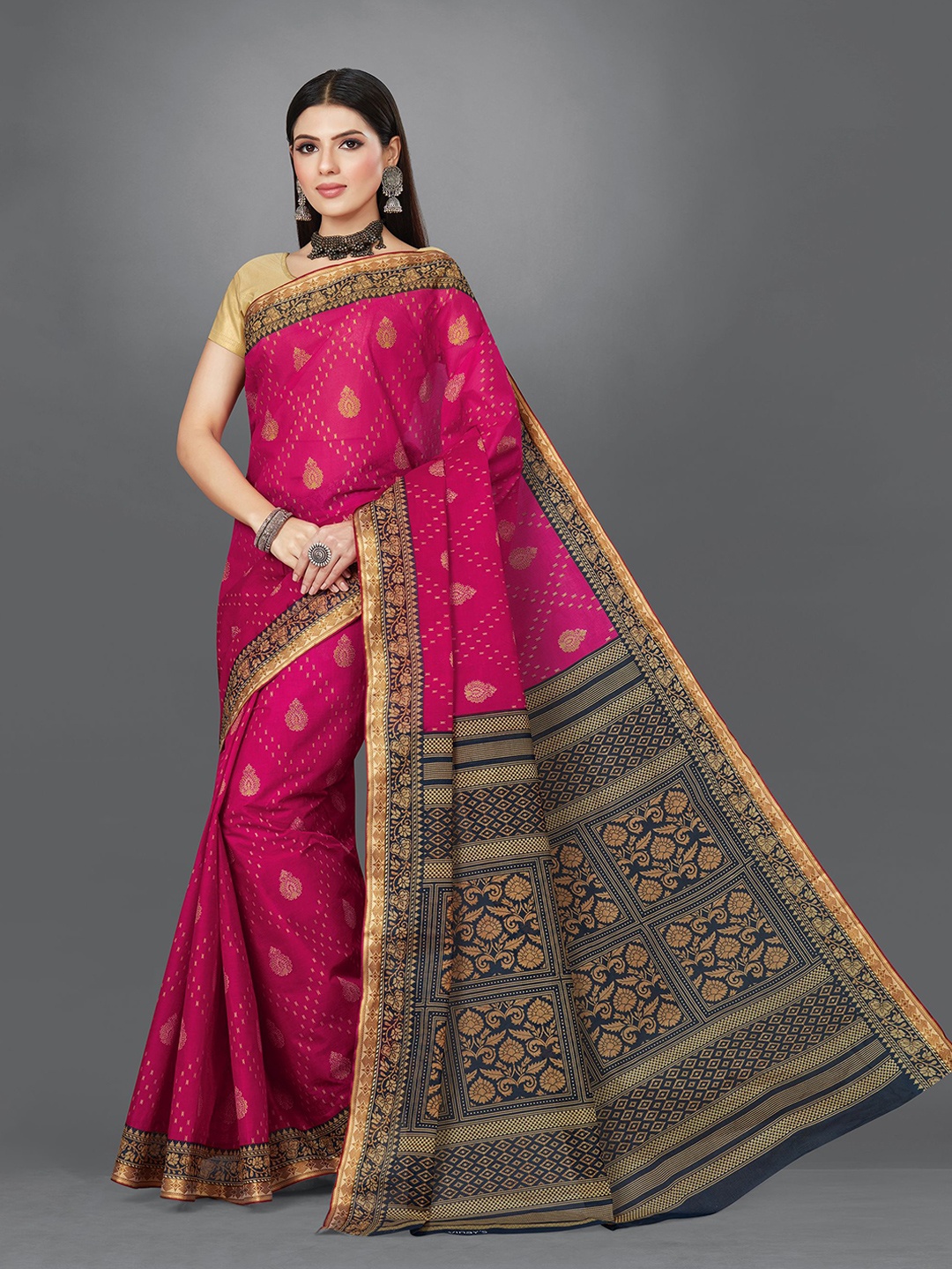 

SHANVIKA Ethnic Motifs Printed Pure Cotton Saree, Pink