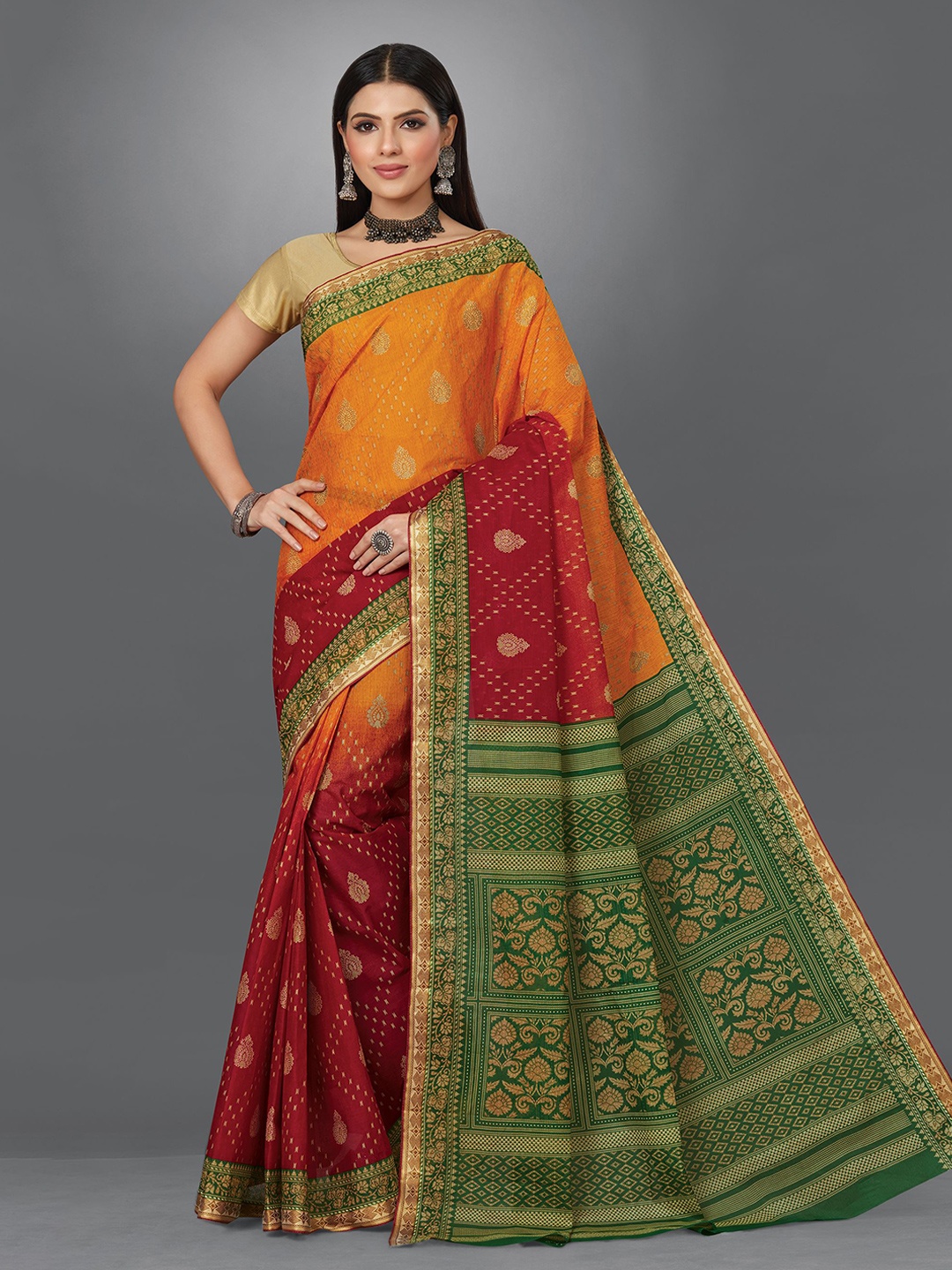 

SHANVIKA Ethnic Motifs Printed Pure Cotton Saree, Orange
