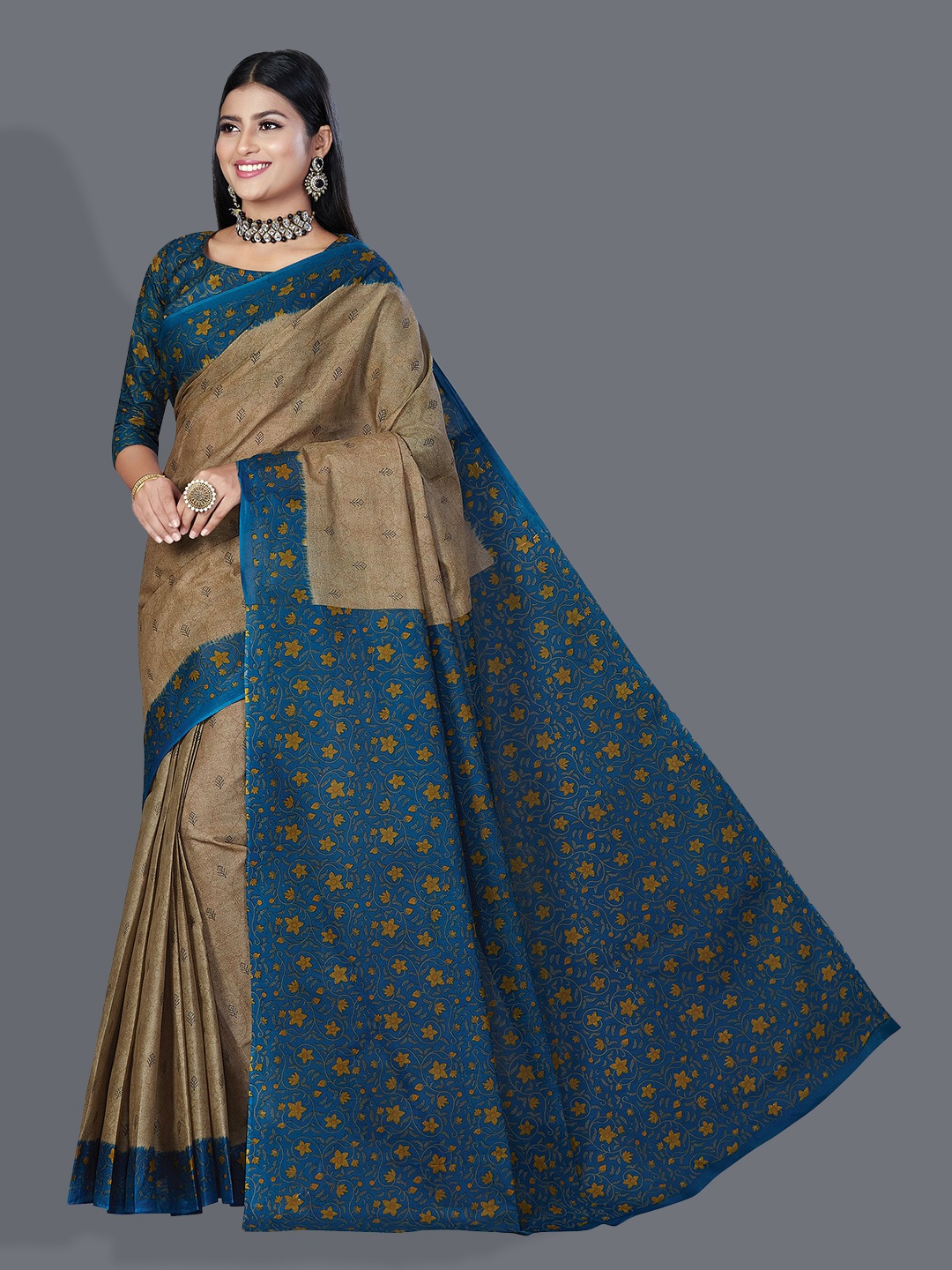 

SHANVIKA Floral Pure Cotton Block Print Saree, Brown