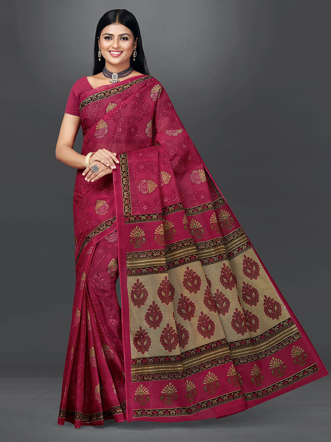 

SHANVIKA Ethnic Motifs Printed Pure Cotton Block Print Saree, Pink