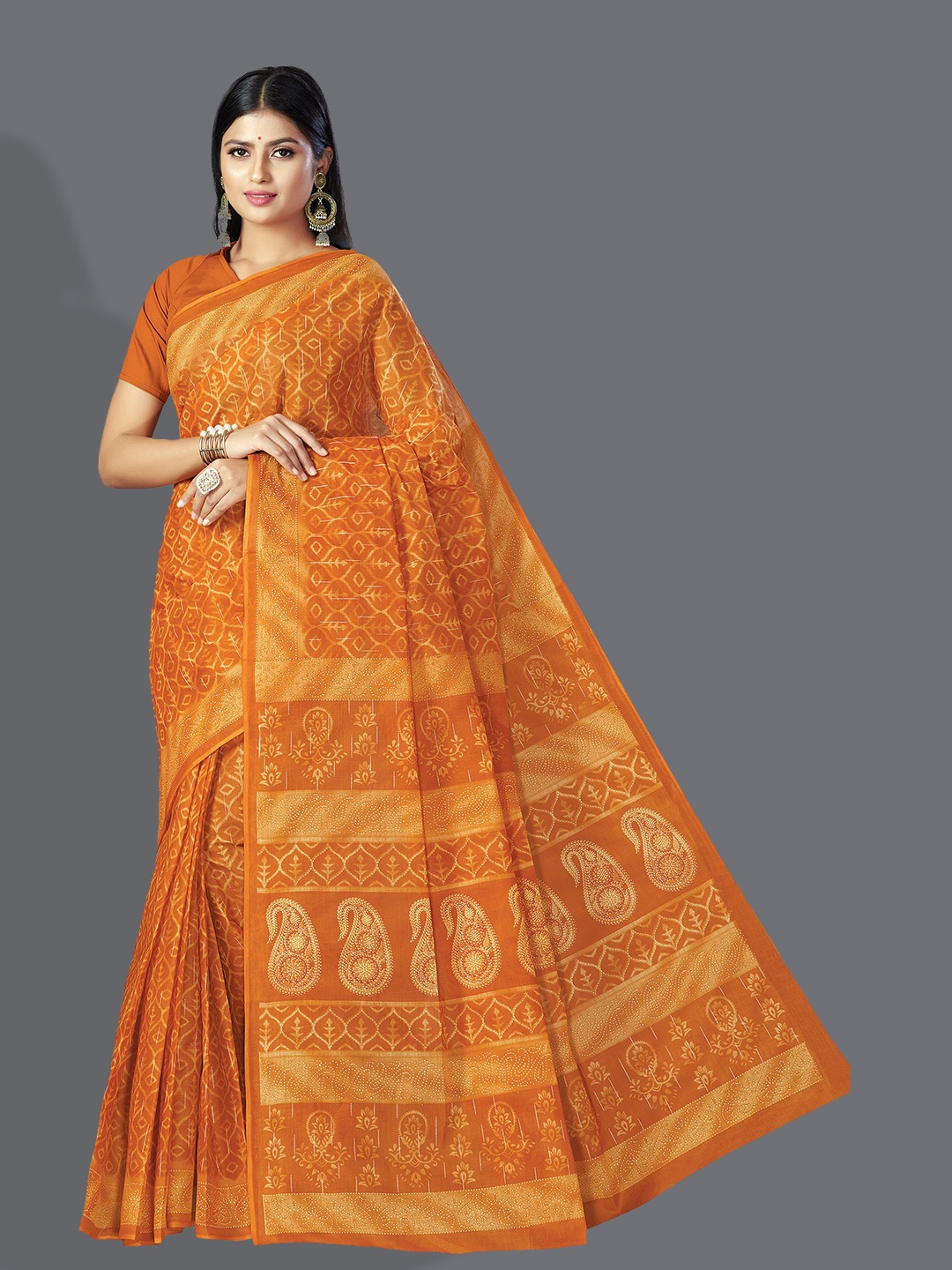 

SHANVIKA Mustard Ethnic Motifs Pure Cotton Block Print Saree