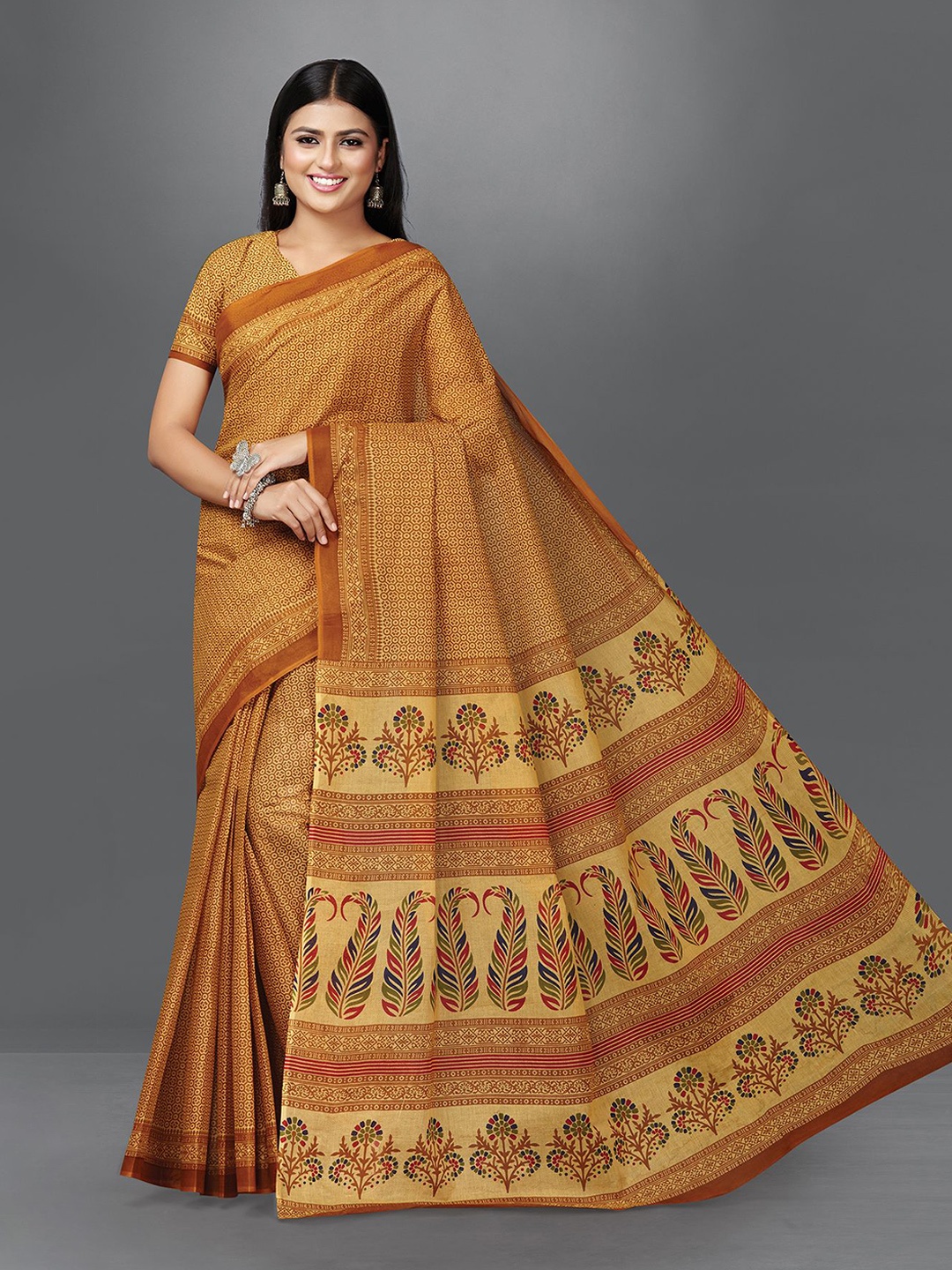 

SHANVIKA Geometric Printed Pure Cotton Block Print Saree, Mustard