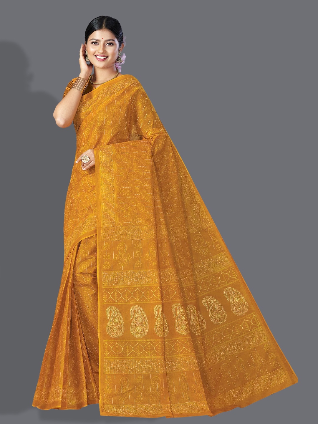 

SHANVIKA Floral Printed Pure Cotton Block Print Saree, Mustard