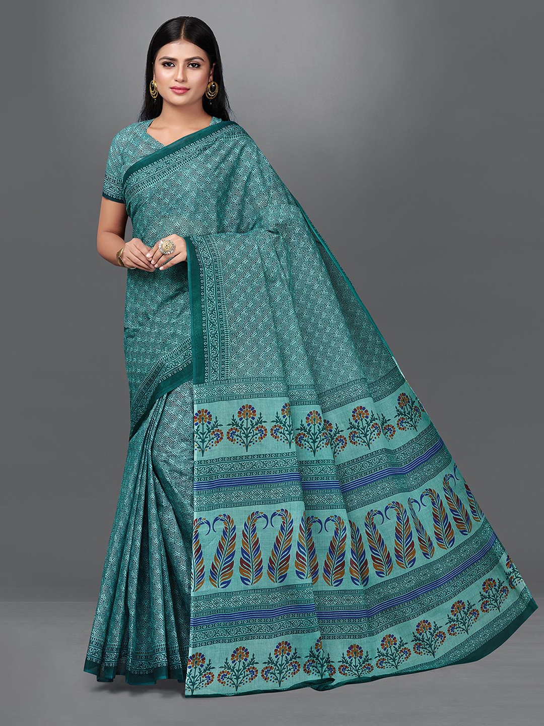 

SHANVIKA Geometric Pure Cotton Block Print Saree, Blue