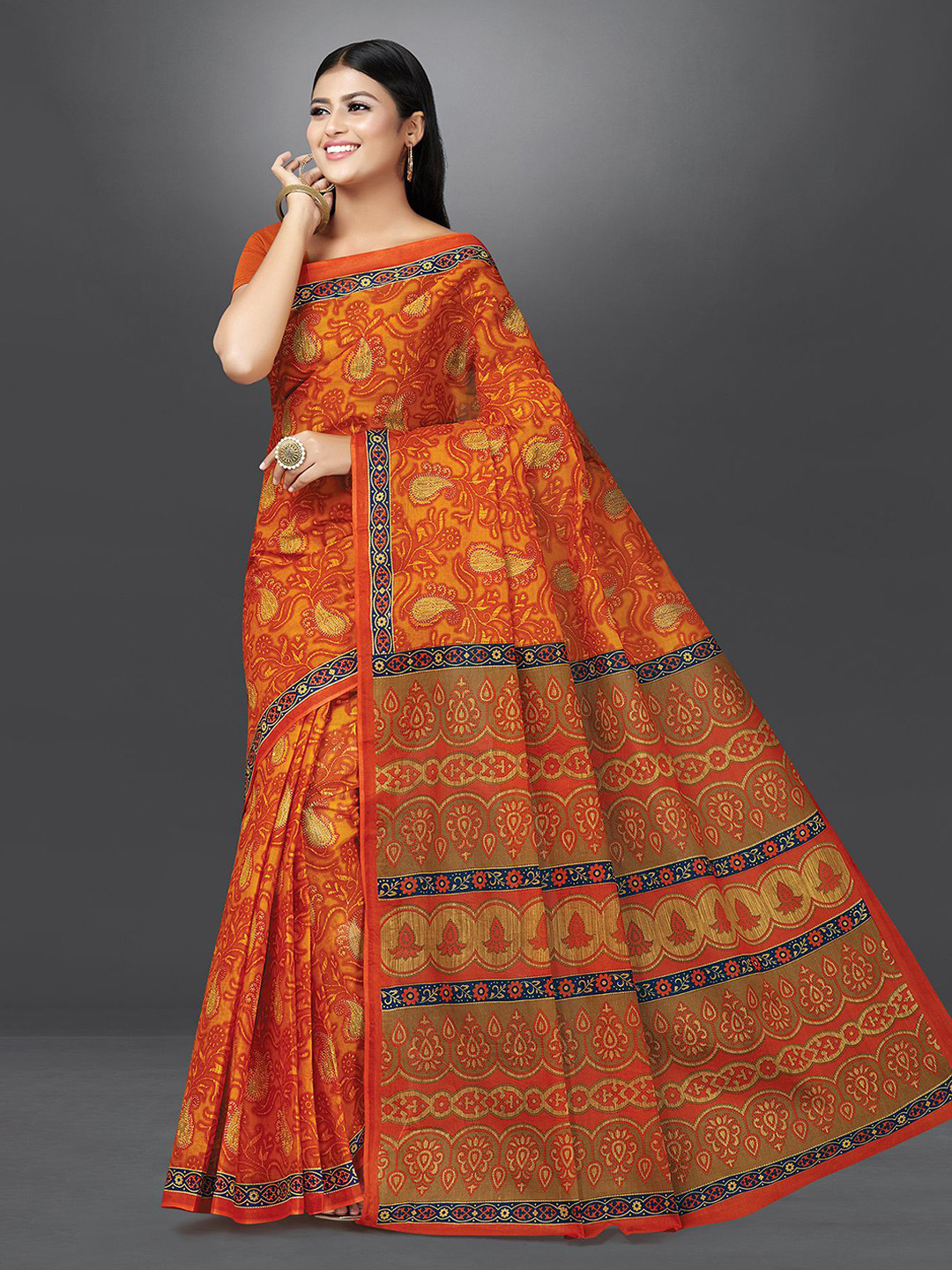 

SHANVIKA Paisley Pure Cotton Block Print Saree, Orange