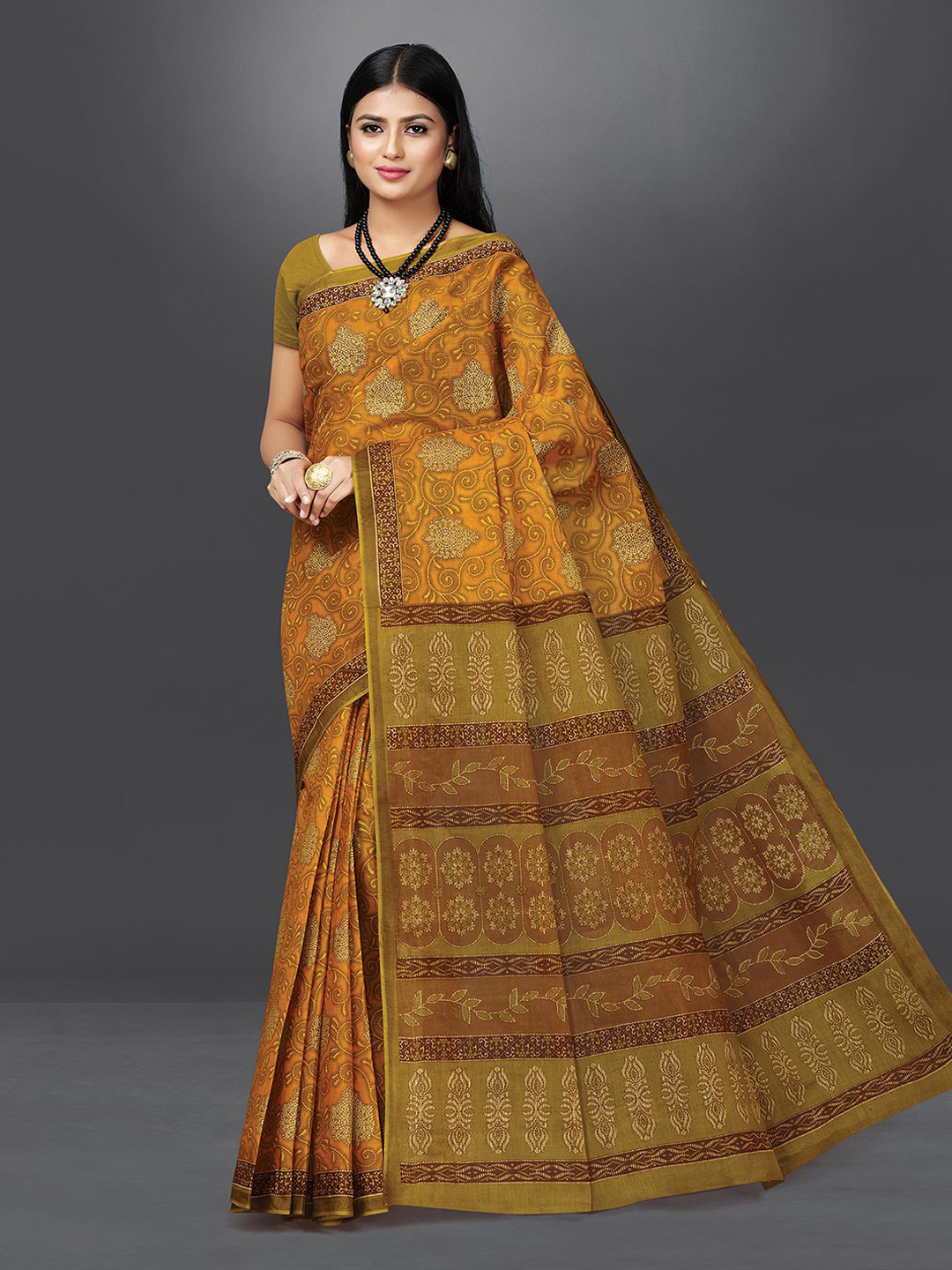 

SHANVIKA Ethnic Motifs Pure Cotton Block Print Saree, Mustard