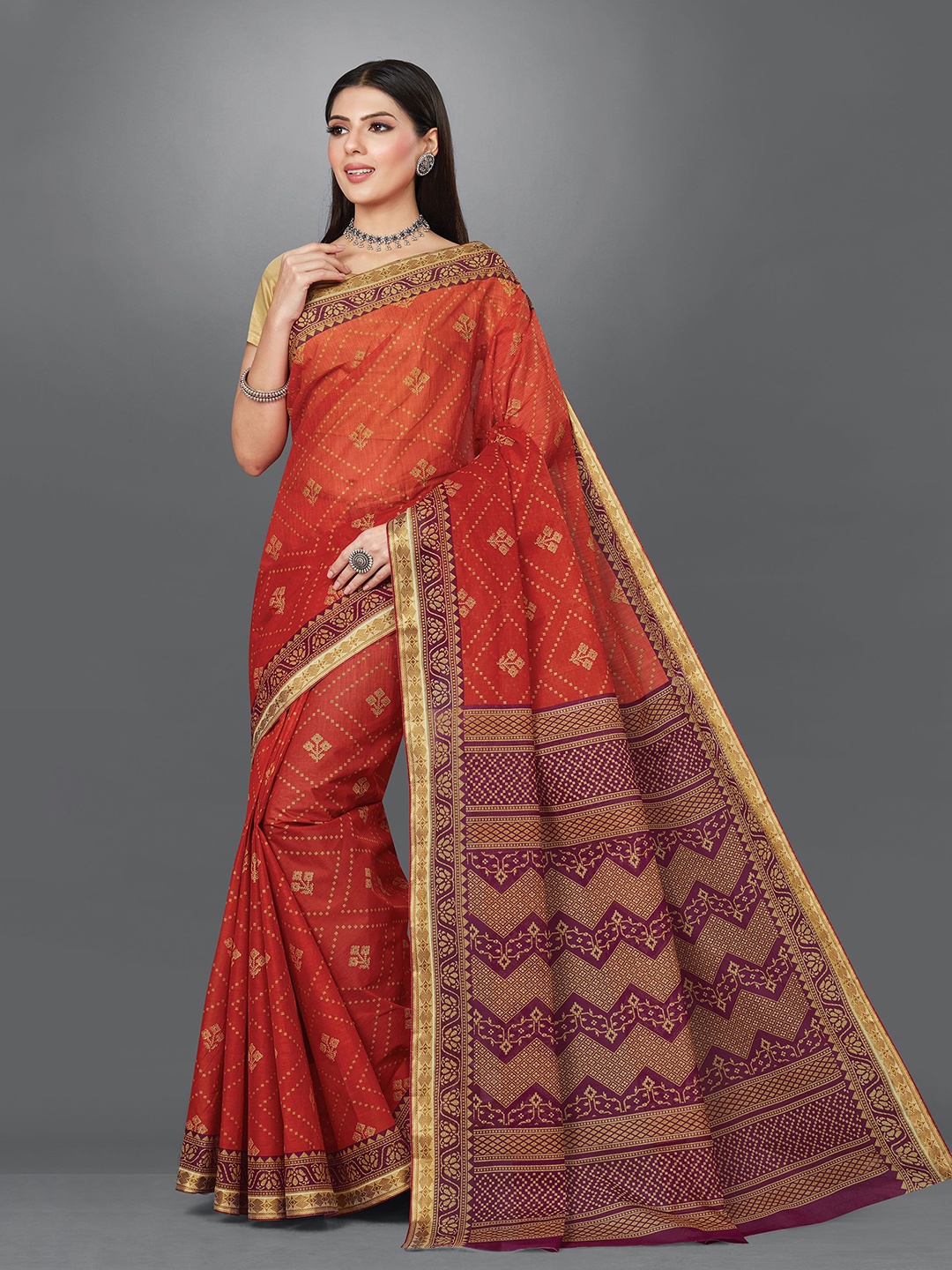 

SHANVIKA Ethnic Motifs Pure Cotton Block Print Saree, Rust